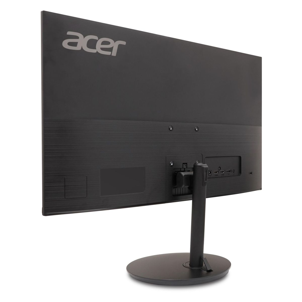 Widok z tyłu czarnego monitora Acer, pokazujący porty, podstawę i logo Acer.