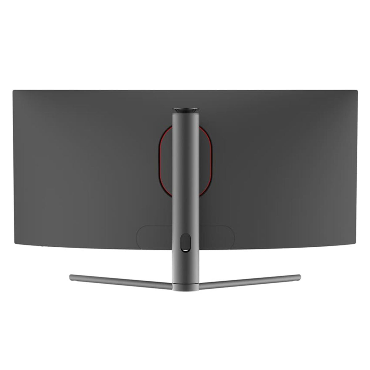 Rückansicht eines gebogenen Monitors, die den Ständer und minimale Designelemente auf einem weißen Hintergrund zeigt.