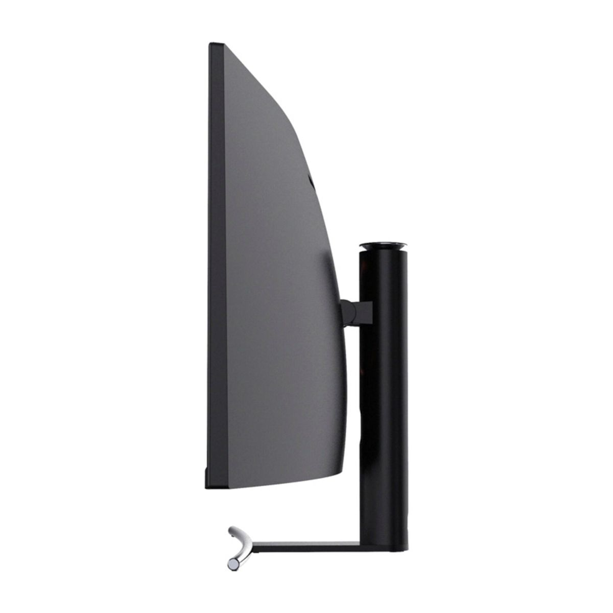 Widok z boku ciemnego monitora prezentujący jego zakrzywioną konstrukcję i podstawkę na białym tle.