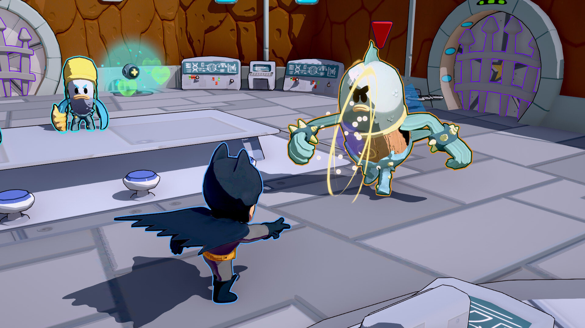 Batman staje naprzeciw robota i postaci przypominającej kaczkę w otoczeniu kreskówki.