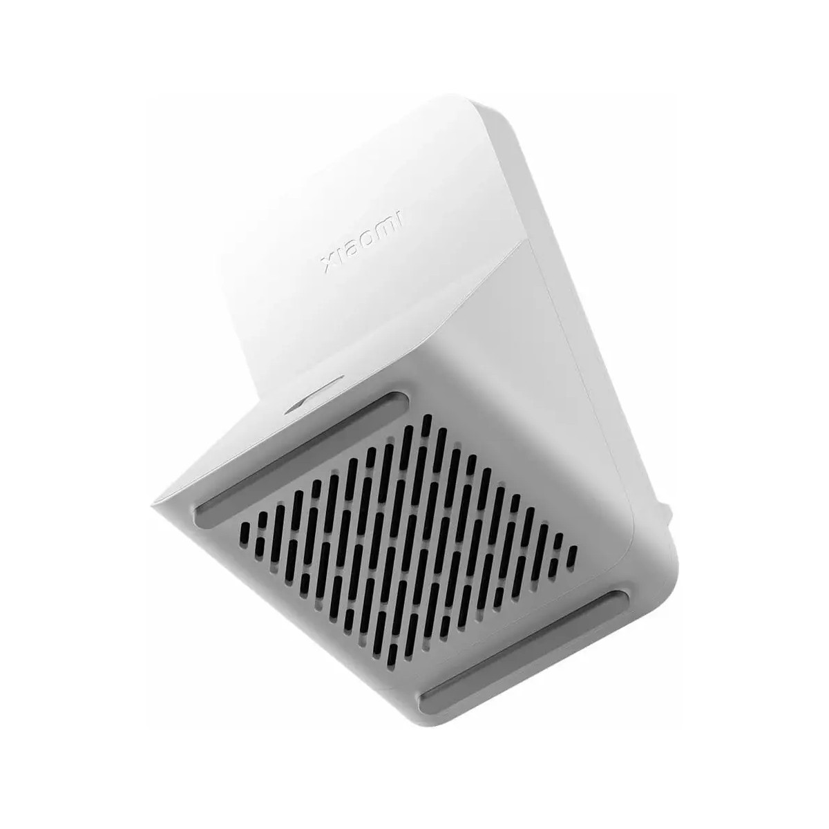 White Xiaomi phone charger with a slanted design, angled towards the viewer, showing a vent area.