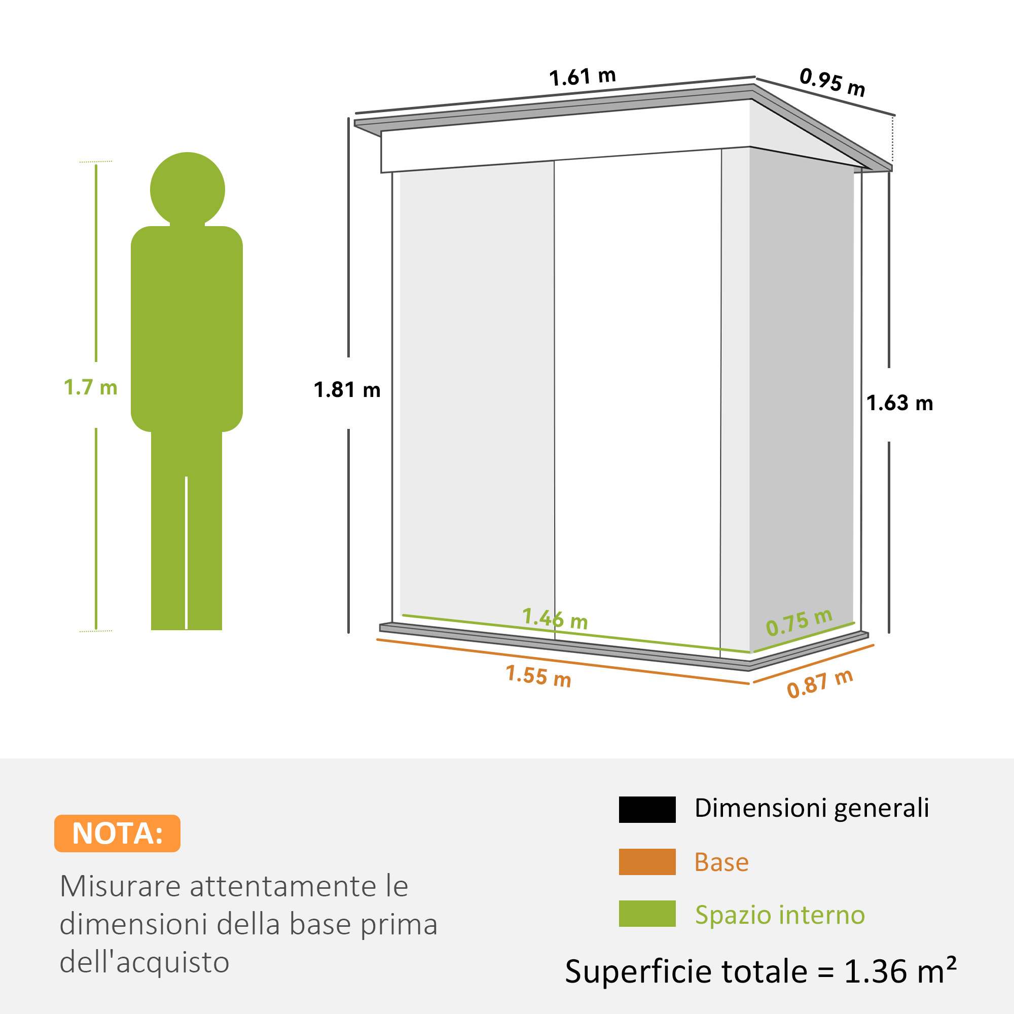 Diagramma di un capannone con dimensioni. Una figura verde di una persona è accanto.