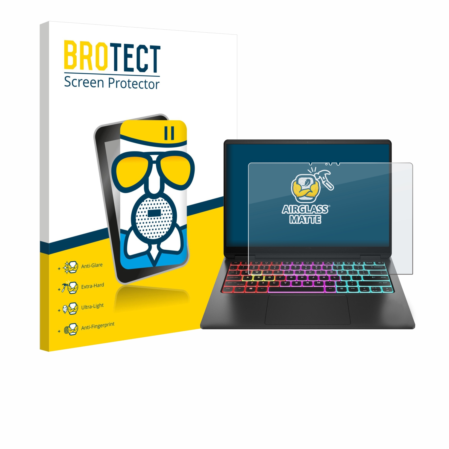 Ein Laptop mit Displayschutzfolie und eine Displayschutzbox, alles auf weißem Hintergrund.