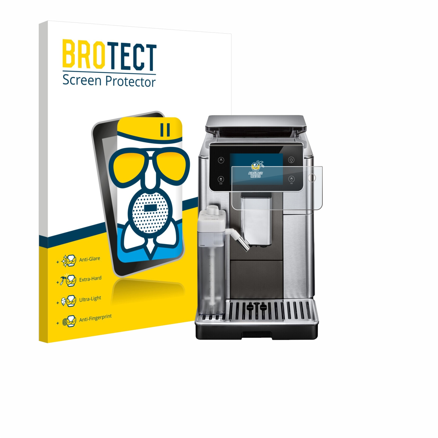 Eine Kaffeemaschine mit Displayschutz. Eine Box links hat eine Telefonillustration und sagt 'Displayschutz'.