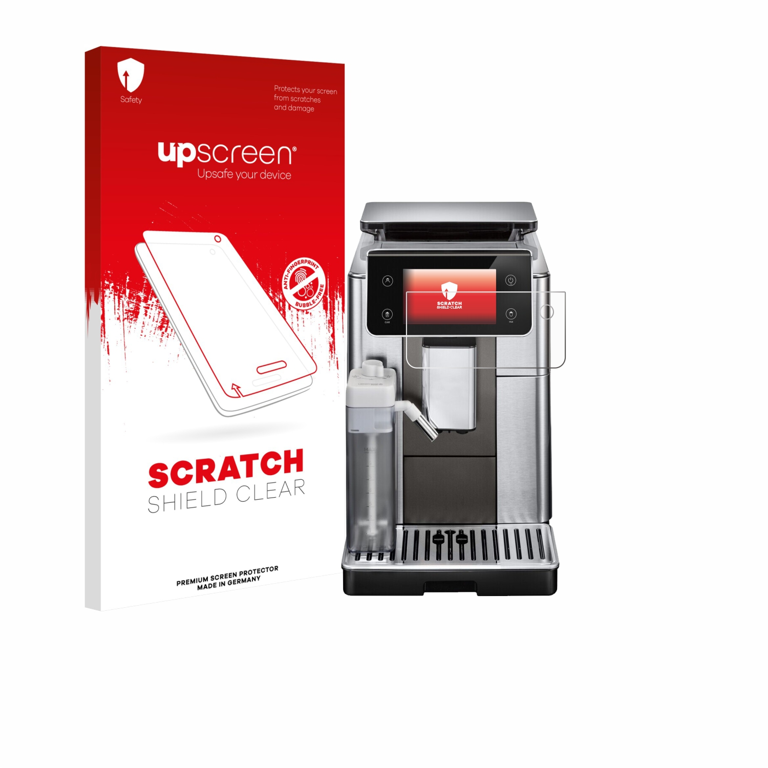 Das Bild zeigt eine Kaffeemaschine und eine Displayschutzfolienbox. Auf der Box steht 'upscreen' und 'Scratch Shield Clear'.