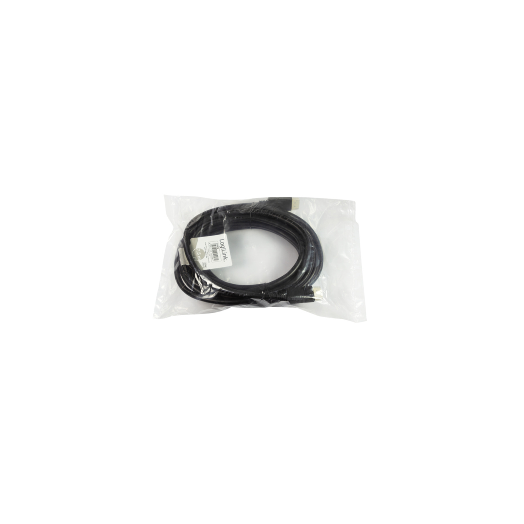 Cable negro en una bolsa de plástico transparente. La bolsa tiene una etiqueta con un logotipo y texto.