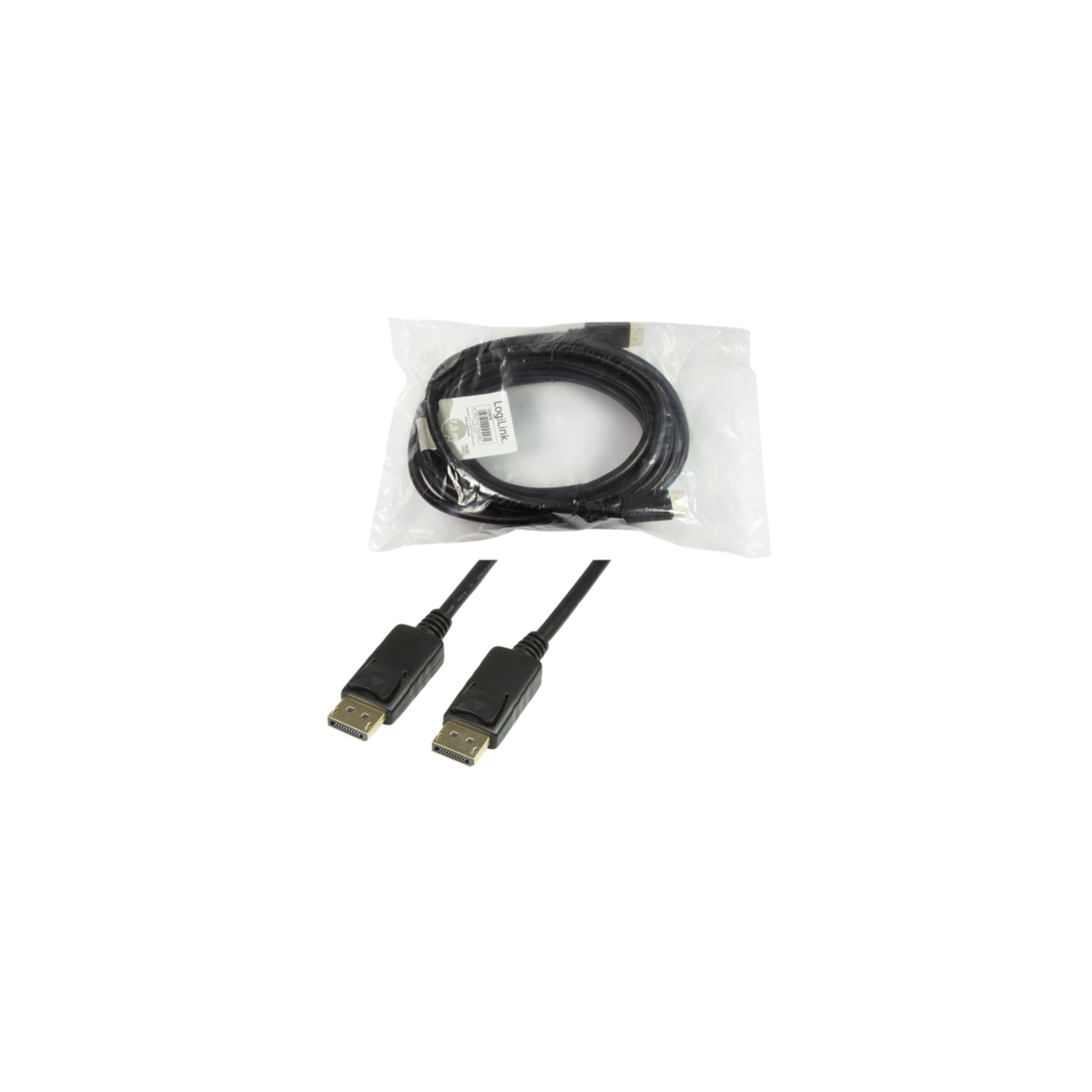 Cables DisplayPort negros en una bolsa de plástico. Se ven dos conectores y los cables son negros.