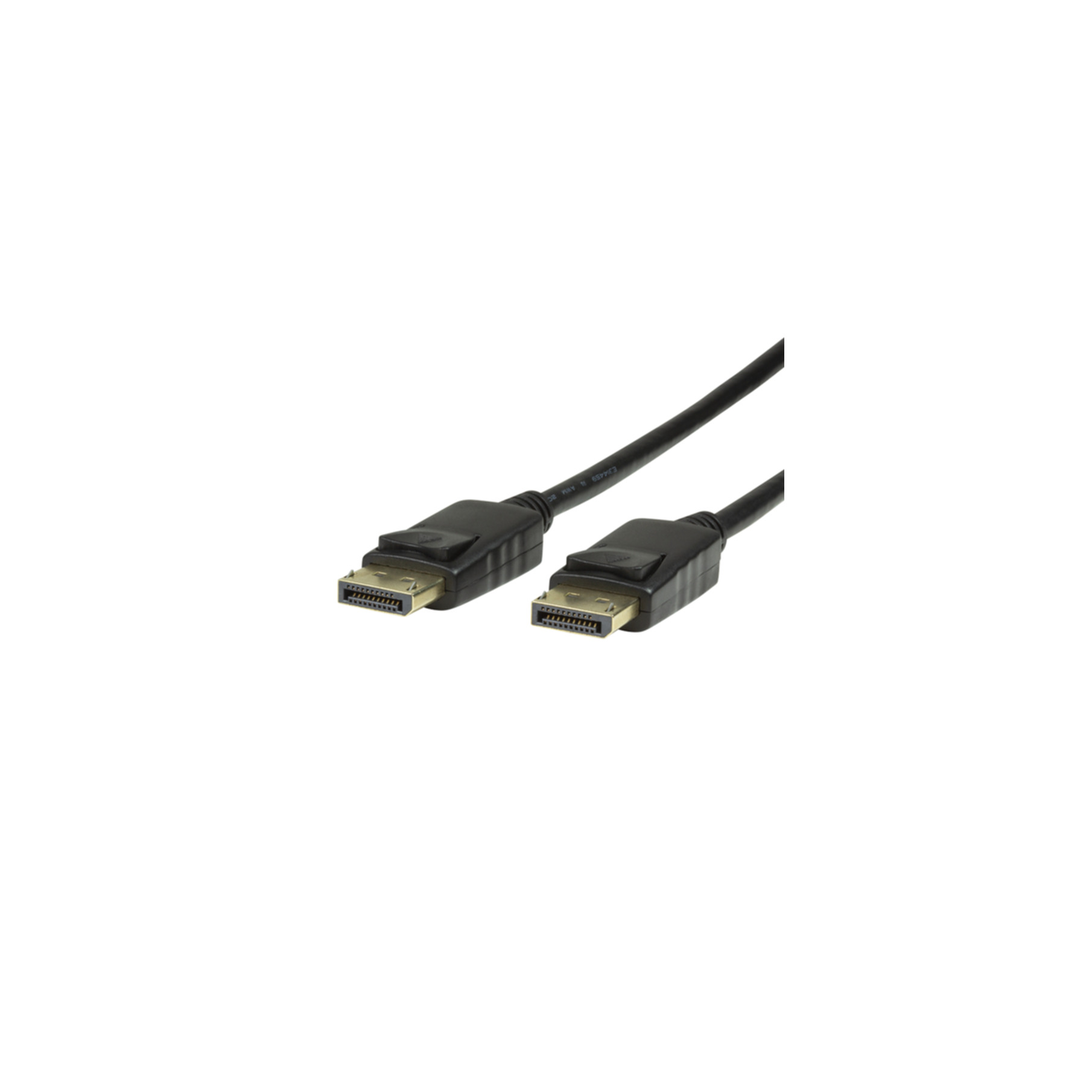 Dos cables DisplayPort negros con conectores, sobre un fondo blanco.