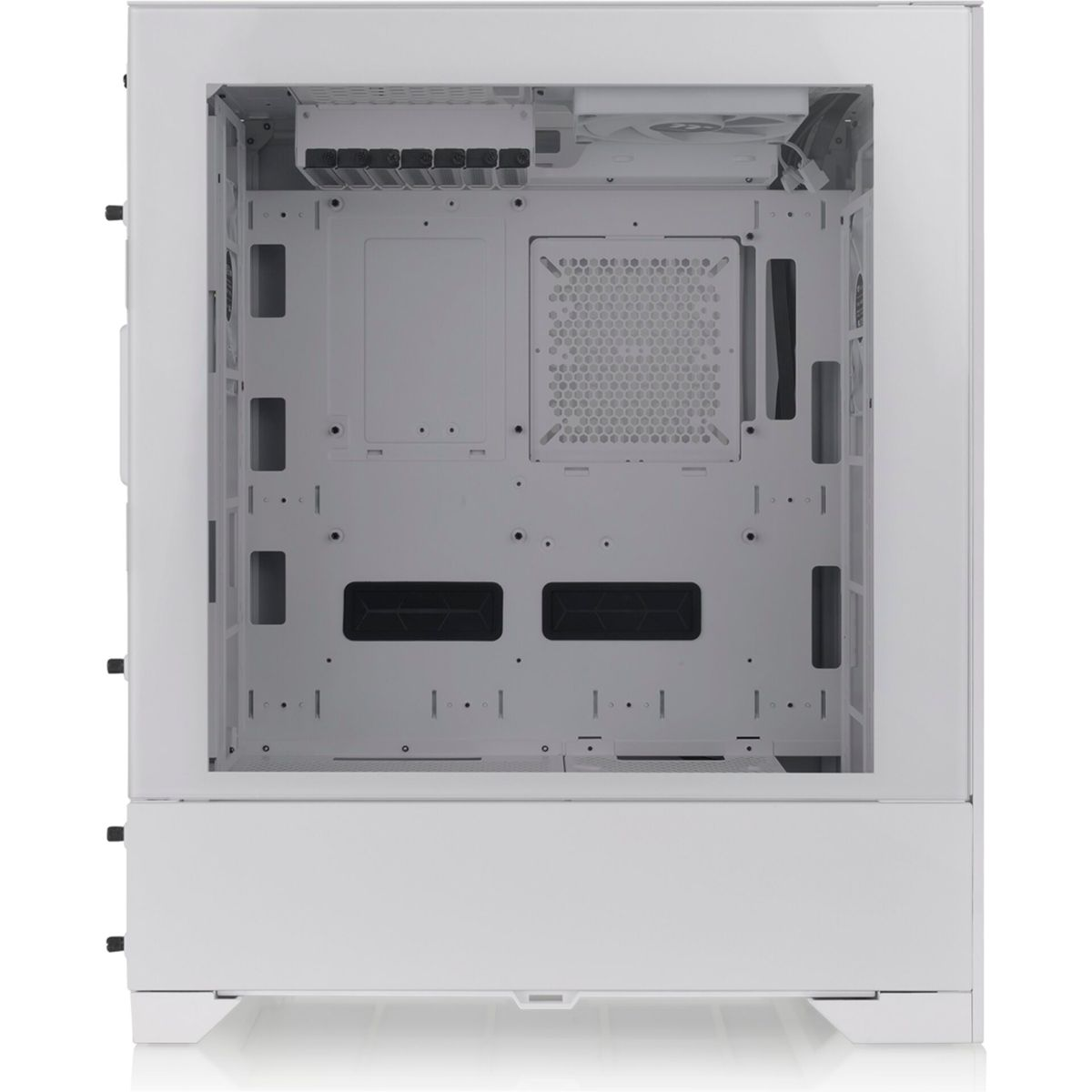 Ein weißes Computergehäuse-Innenteil. Es ist leer und zeigt die innere Struktur.
