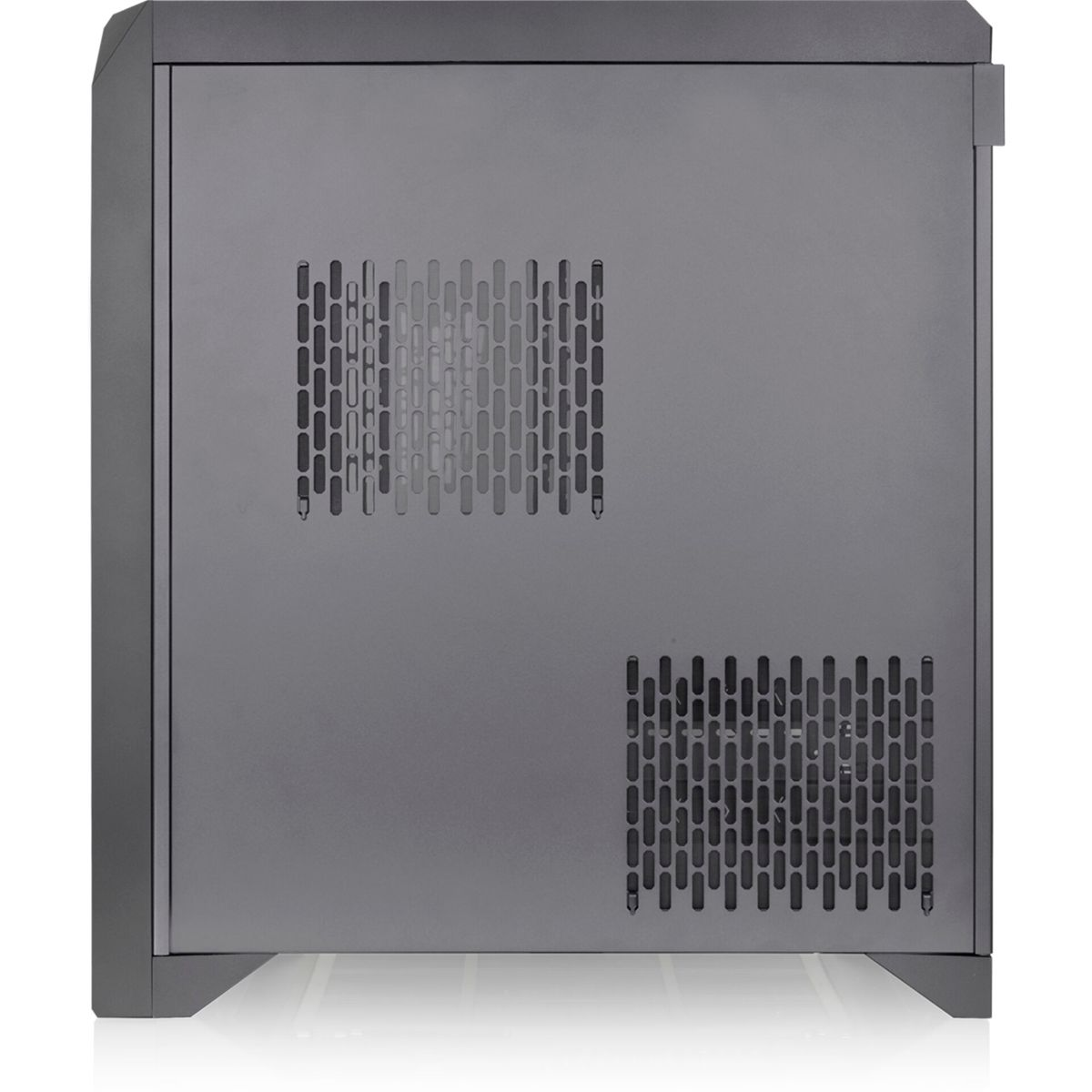 Vista laterale di un case per computer nero. Ha fori di ventilazione sul lato.