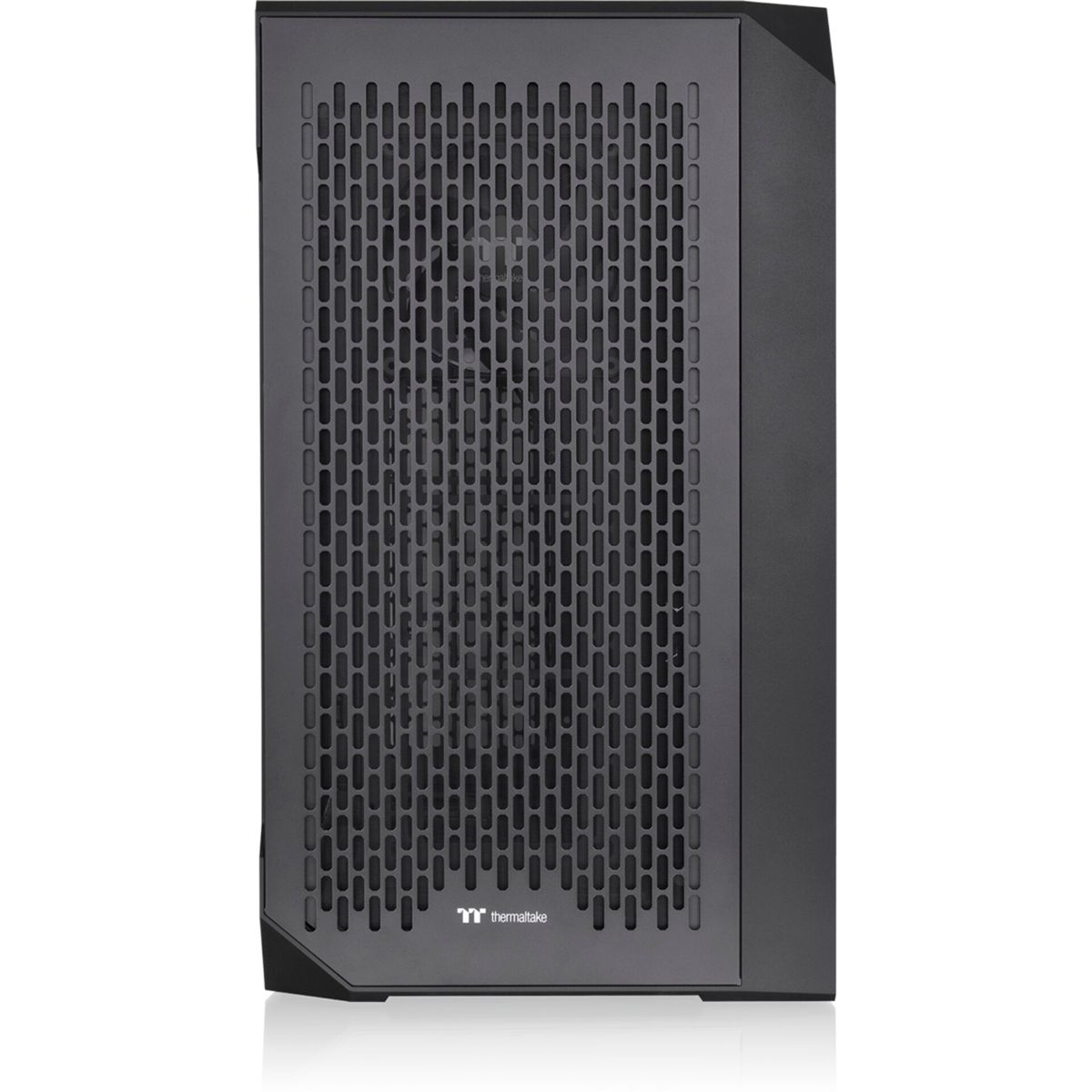 Un case per computer nero, vista laterale. Ha un pannello frontale a rete e pannelli laterali neri.