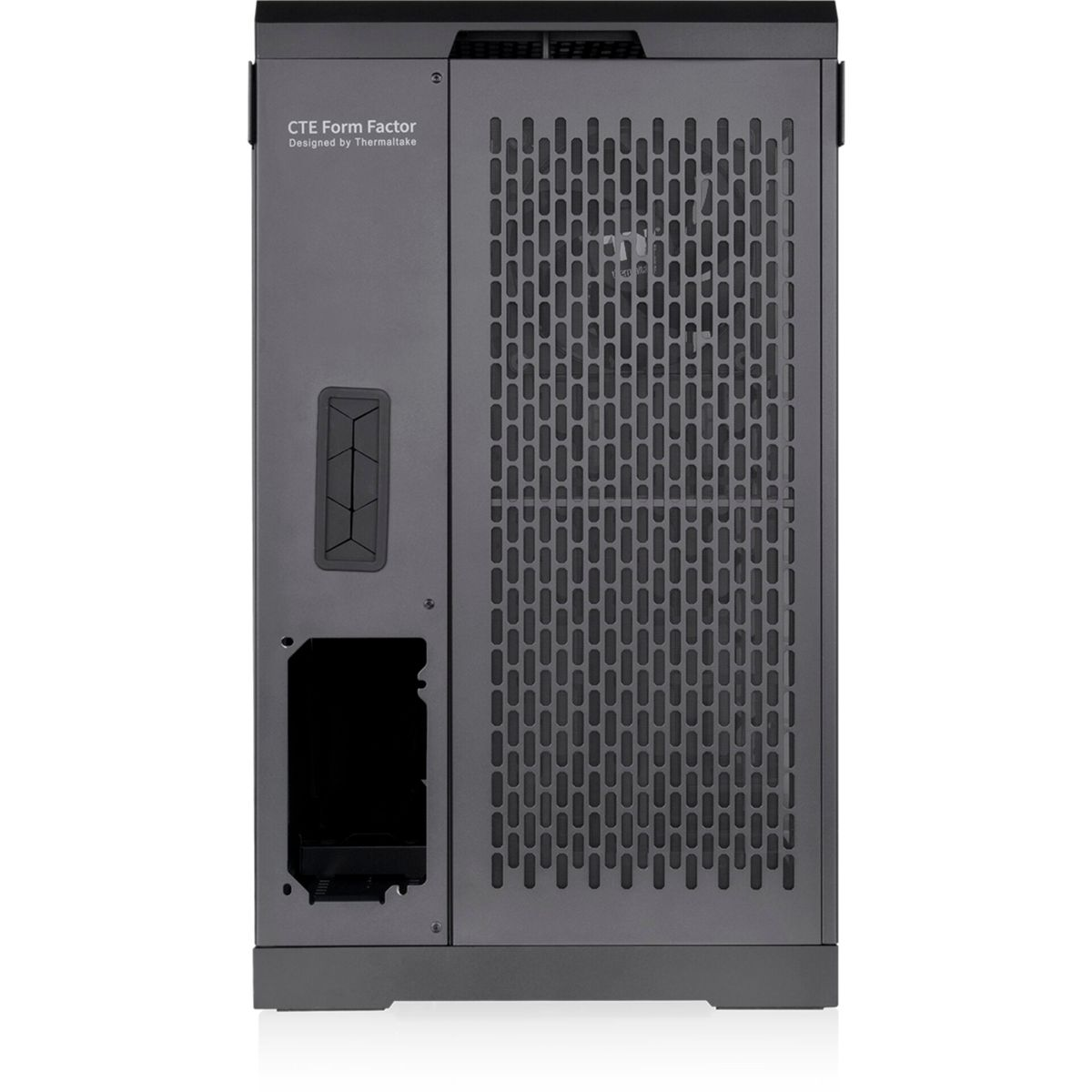 Un case per computer grigio scuro, vista laterale. Ha un pannello laterale perforato e un design sul lato.