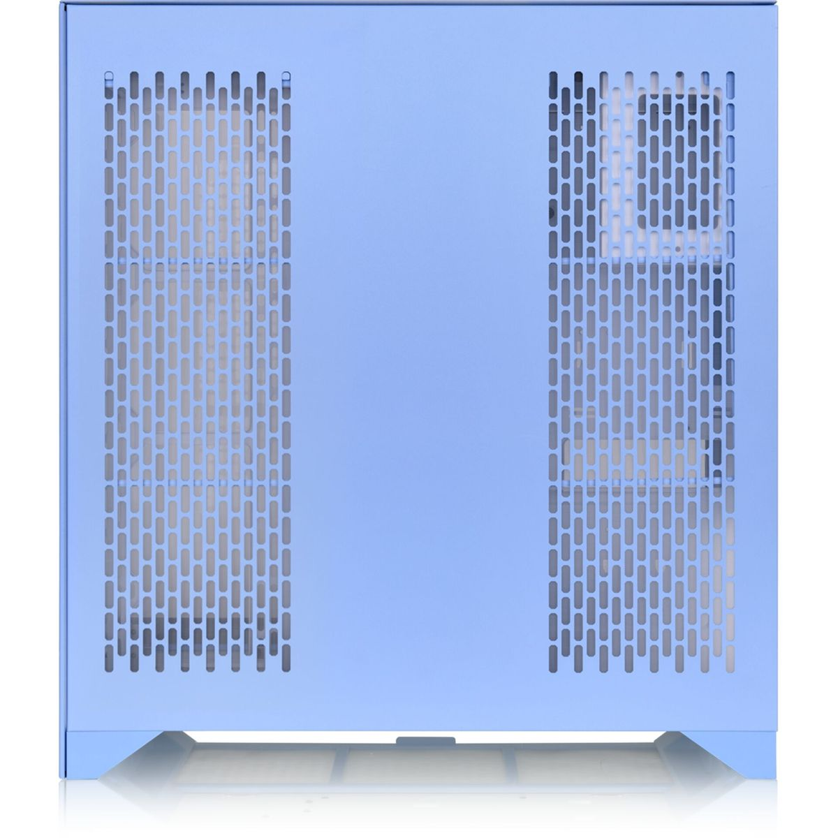 Un case per computer azzurro, vista frontale. Ha pannelli laterali perforati ed è vuoto all'interno.