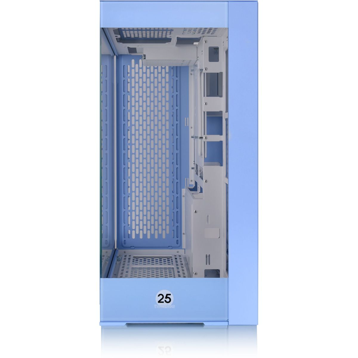 Un case per computer azzurro. Il case è aperto, mostrando l'interno e una piccola etichetta bianca con il numero 25.