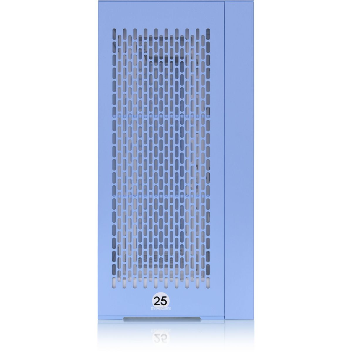 Vista laterale di un case per computer blu con una griglia di fori per la ventilazione.