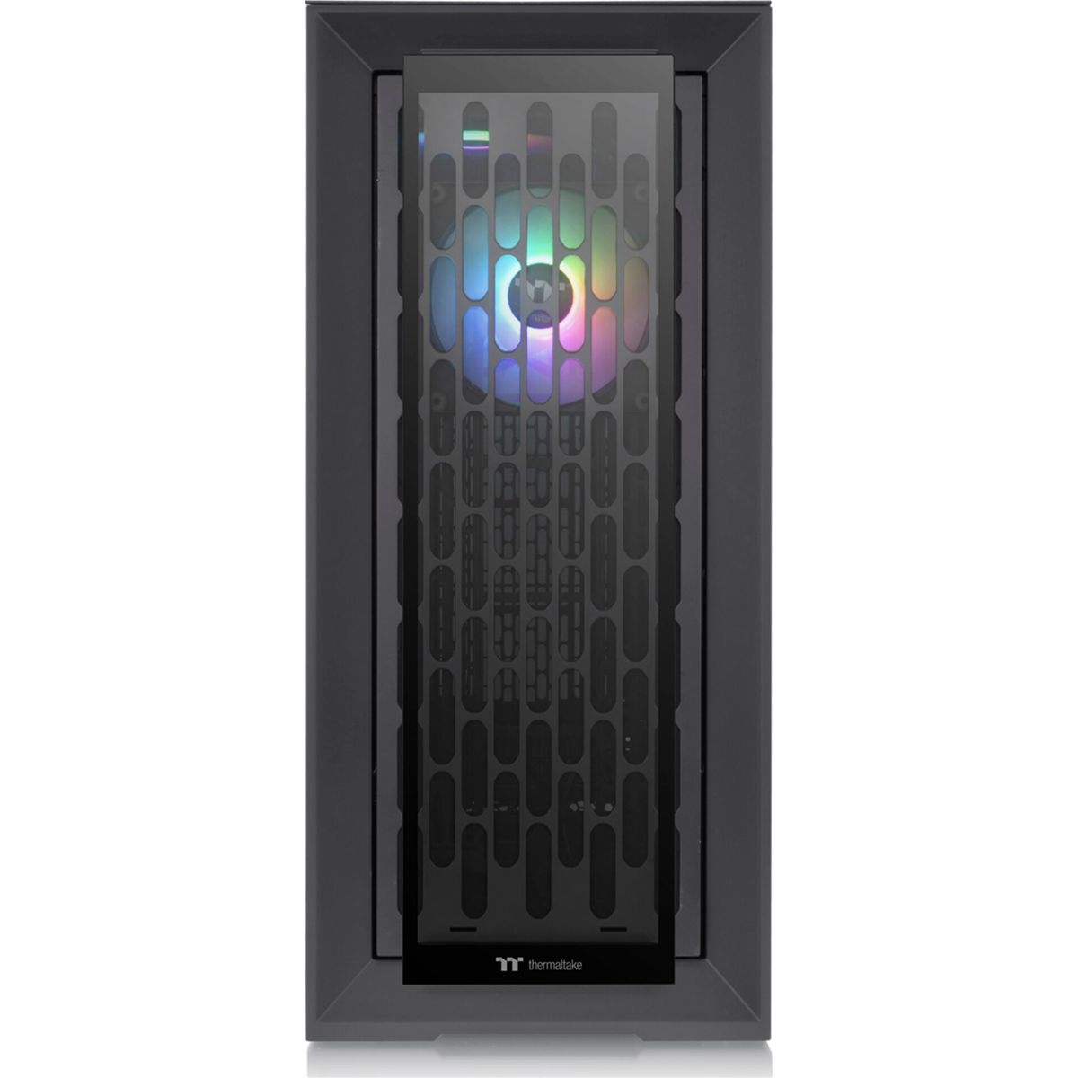 Schwarzes Computergehäuse von vorne. Es hat eine Glasplatte, einen Lüfter mit bunten Lichtern und das Thermaltake-Logo.