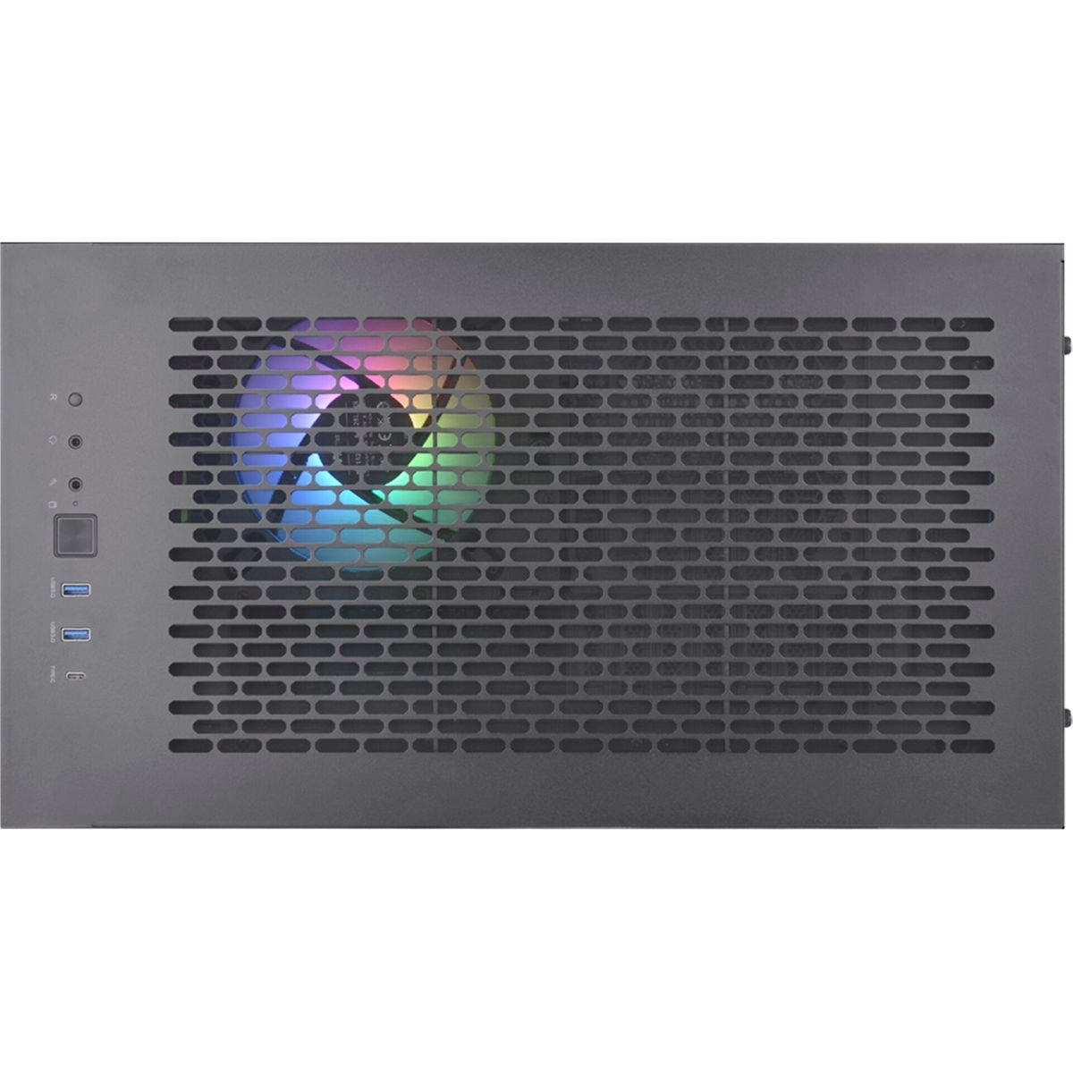 Draufsicht auf ein schwarzes Computergehäuse. Es hat ein Wabenmuster mit einem regenbogenfarbenen Lüfter im Inneren.