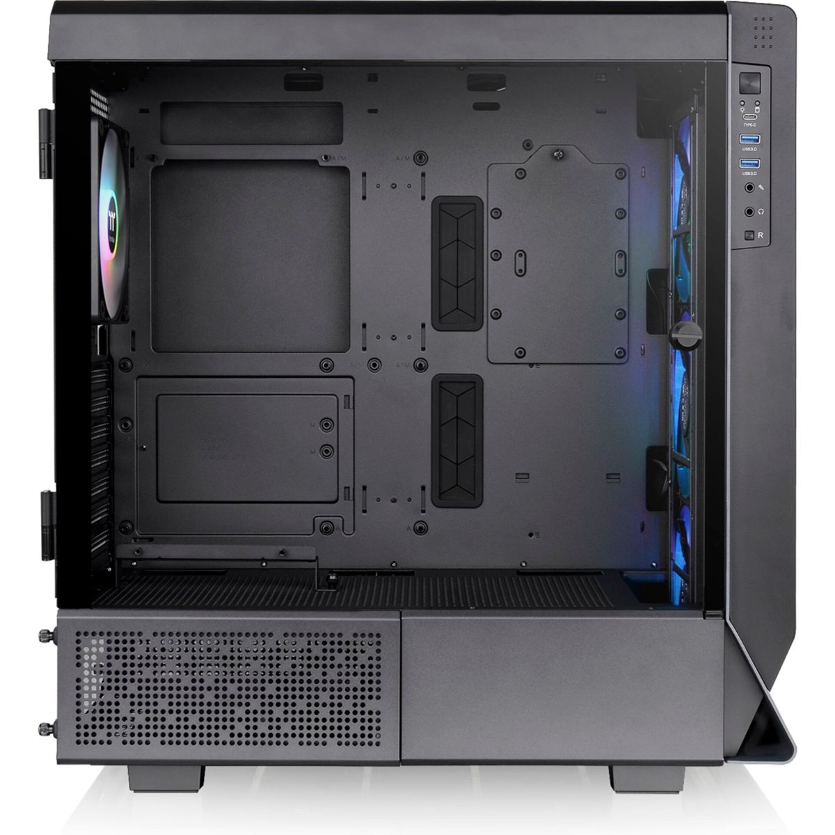 Innenansicht eines schwarzen Computergehäuses mit internen Komponenten und Lüftern mit farbigen Lichtern.