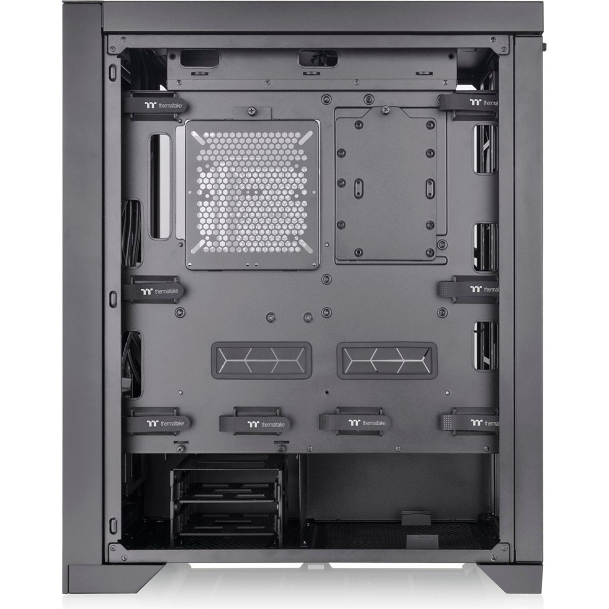 Inside of a computer case. Dark grey interior.