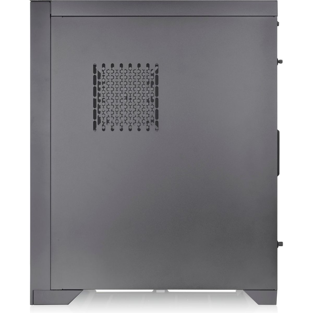 Side view of a black computer case with ventilation holes.