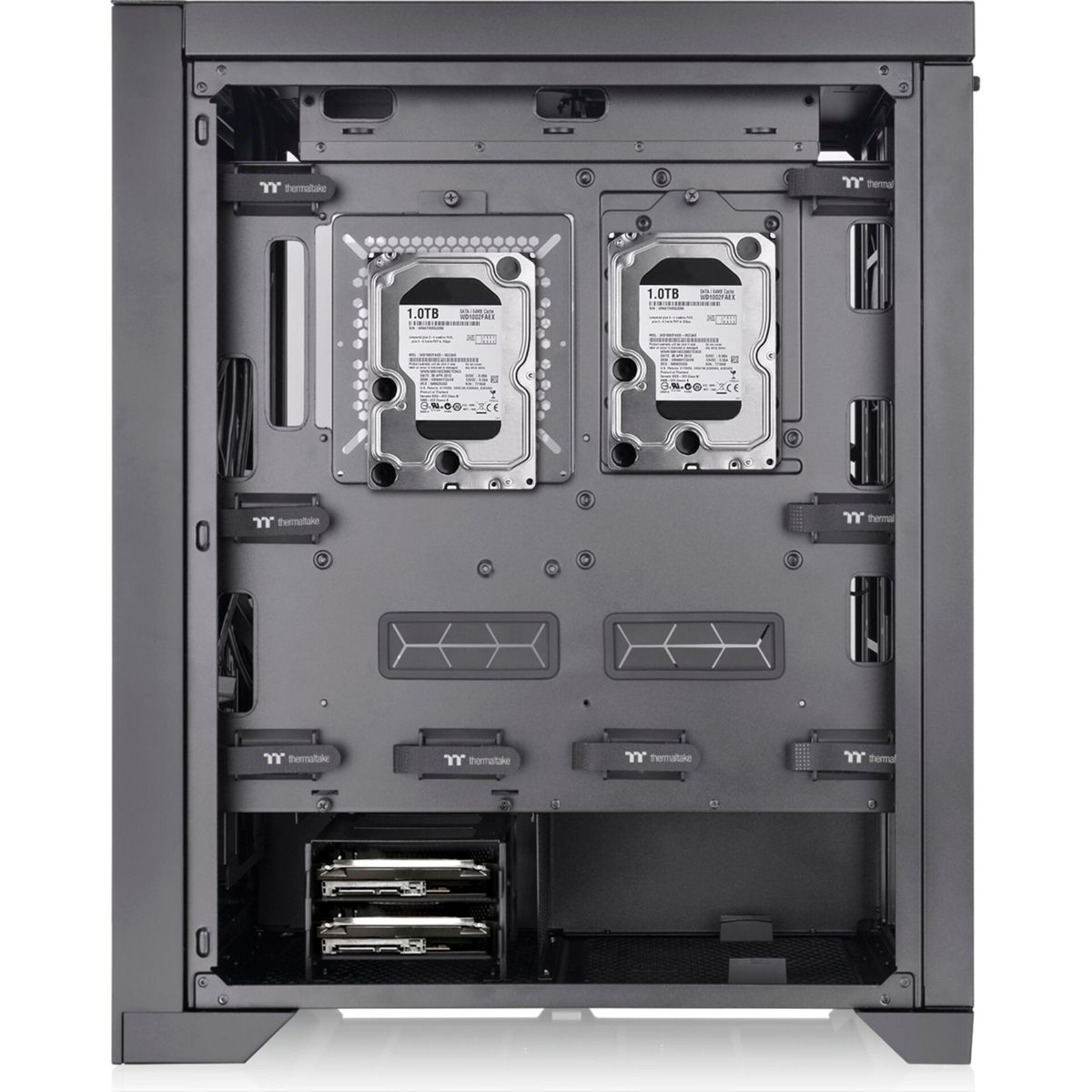 Inside of a computer case with components. Dark grey interior.