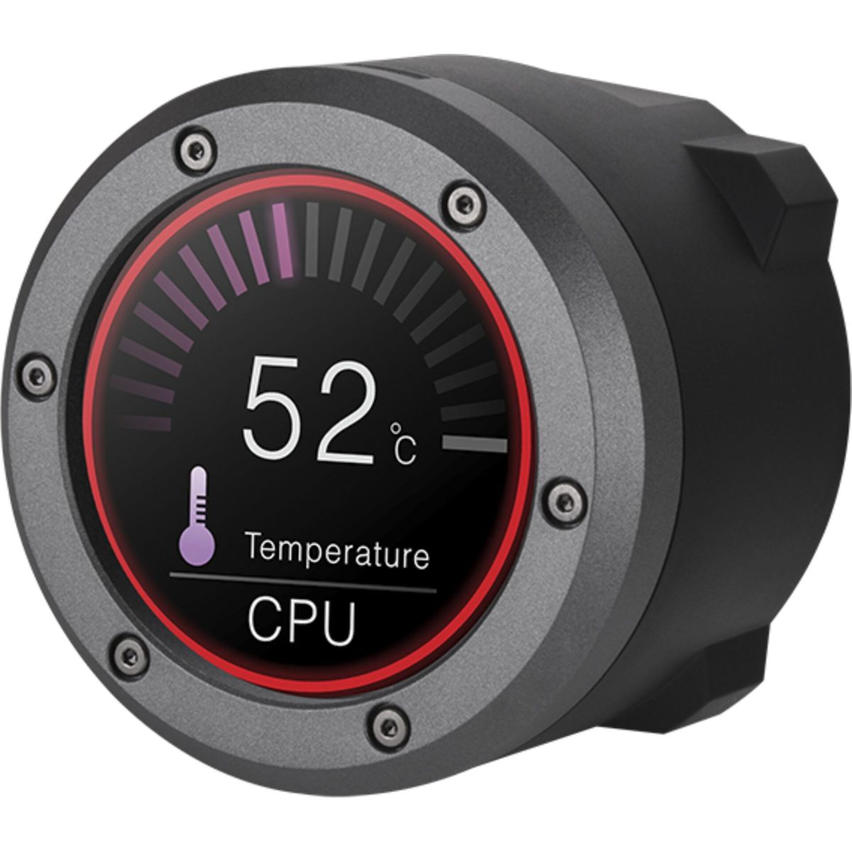 Monitor temperatury procesora z wyświetlaczem cyfrowym, pokazujący 52 stopnie Celsjusza.