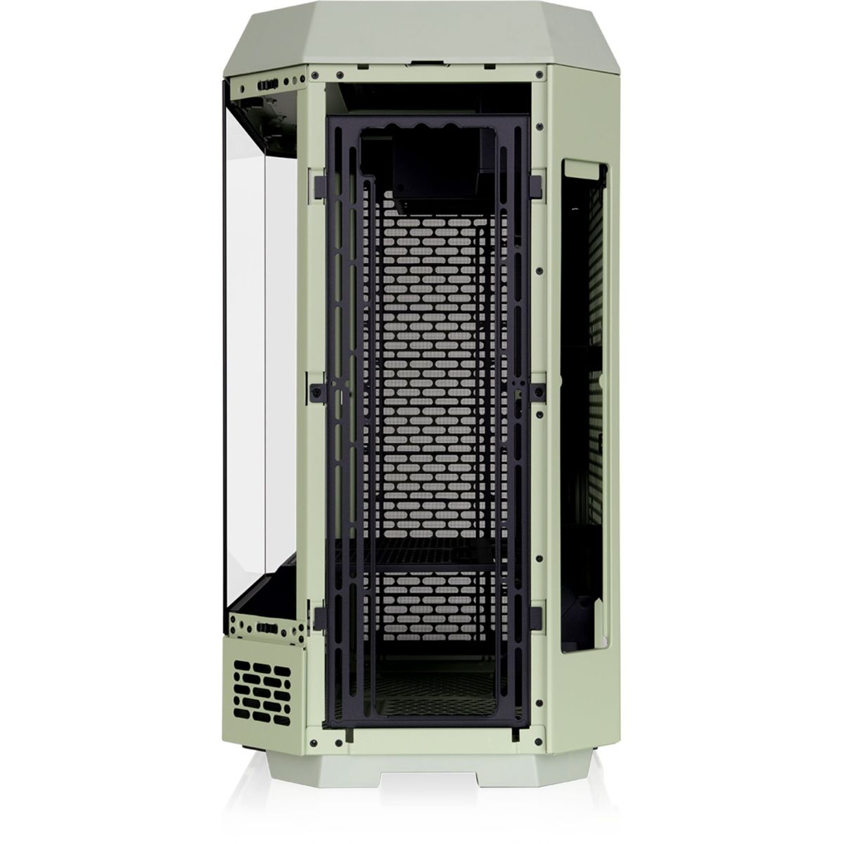Un case per computer con esterno verde chiaro. Ha un pannello laterale in vetro, un pannello frontale a rete ed è aperto.