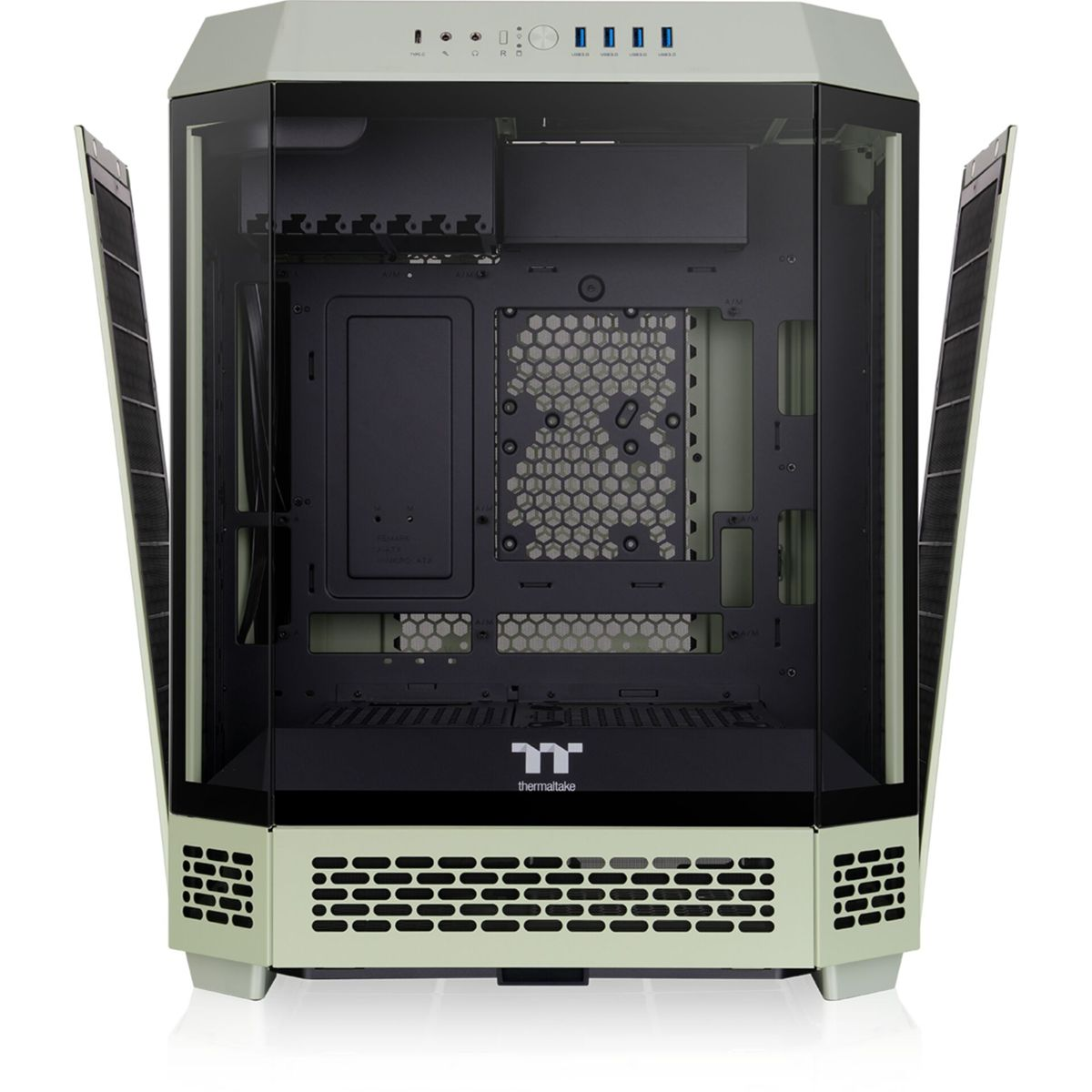 Interno di un case per computer verde chiaro con porte aperte.