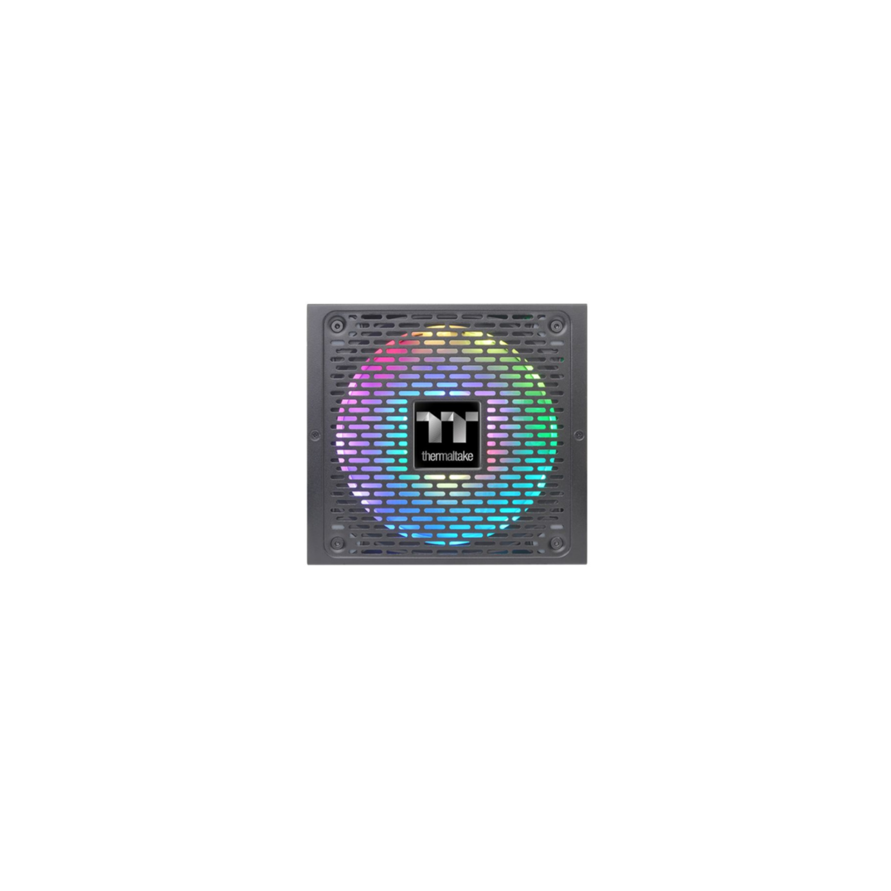 A dark gray power supply with a mesh front and colorful lights inside. The Thermaltake logo is visible.
