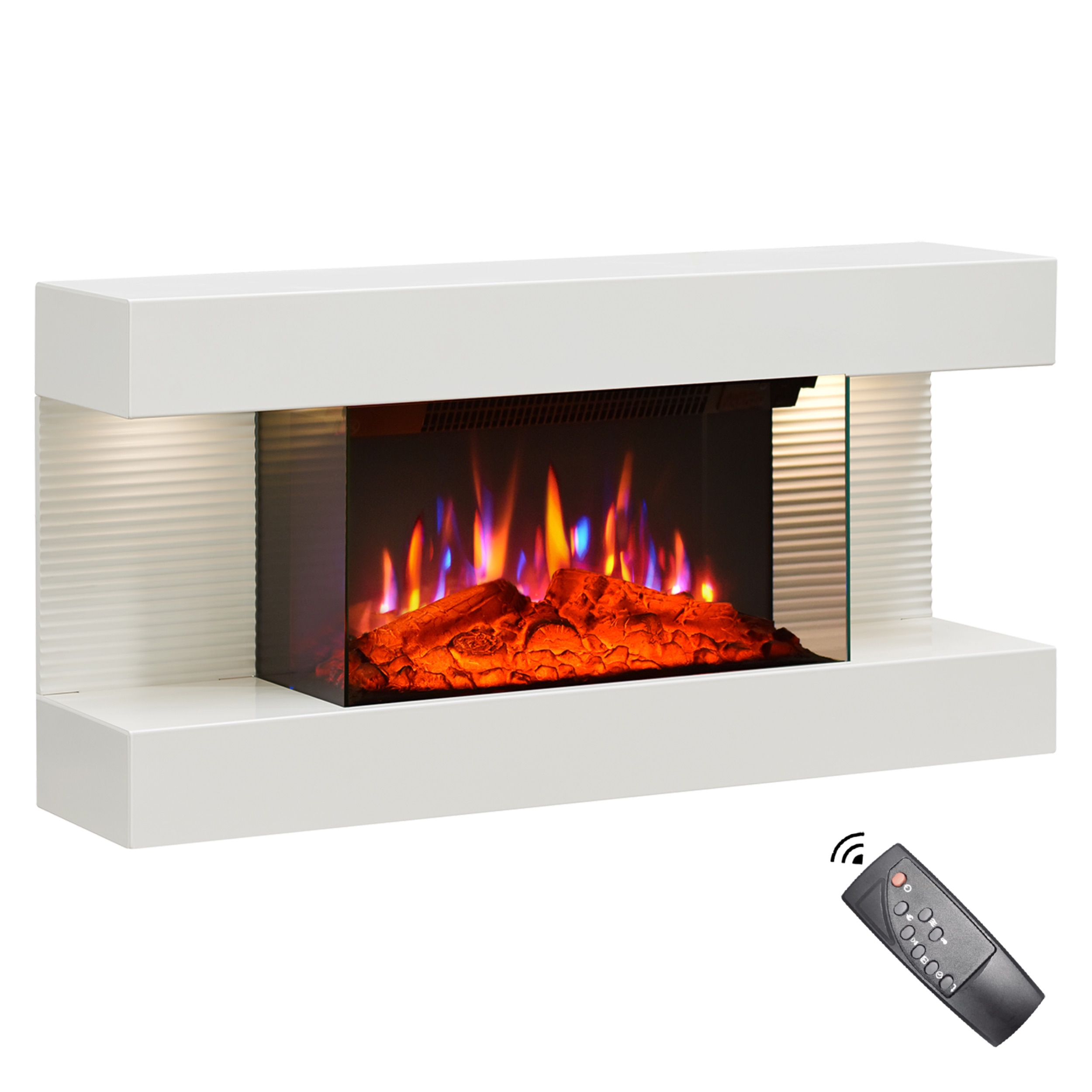 Ein weißer Elektrokamin mit Flammeneffekt und Fernbedienung.