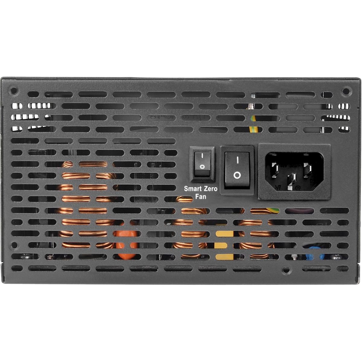 Tył czarnego zasilacza. Ma przełącznik zasilania, złącze zasilania i wentylator.