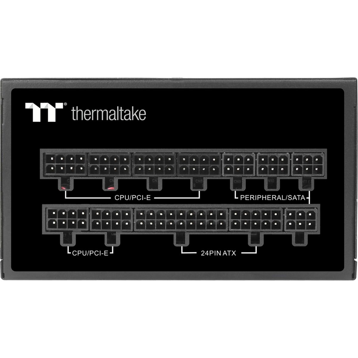 Czarny panel zasilacza, wyświetlający różne złącza i etykiety do różnych zastosowań.