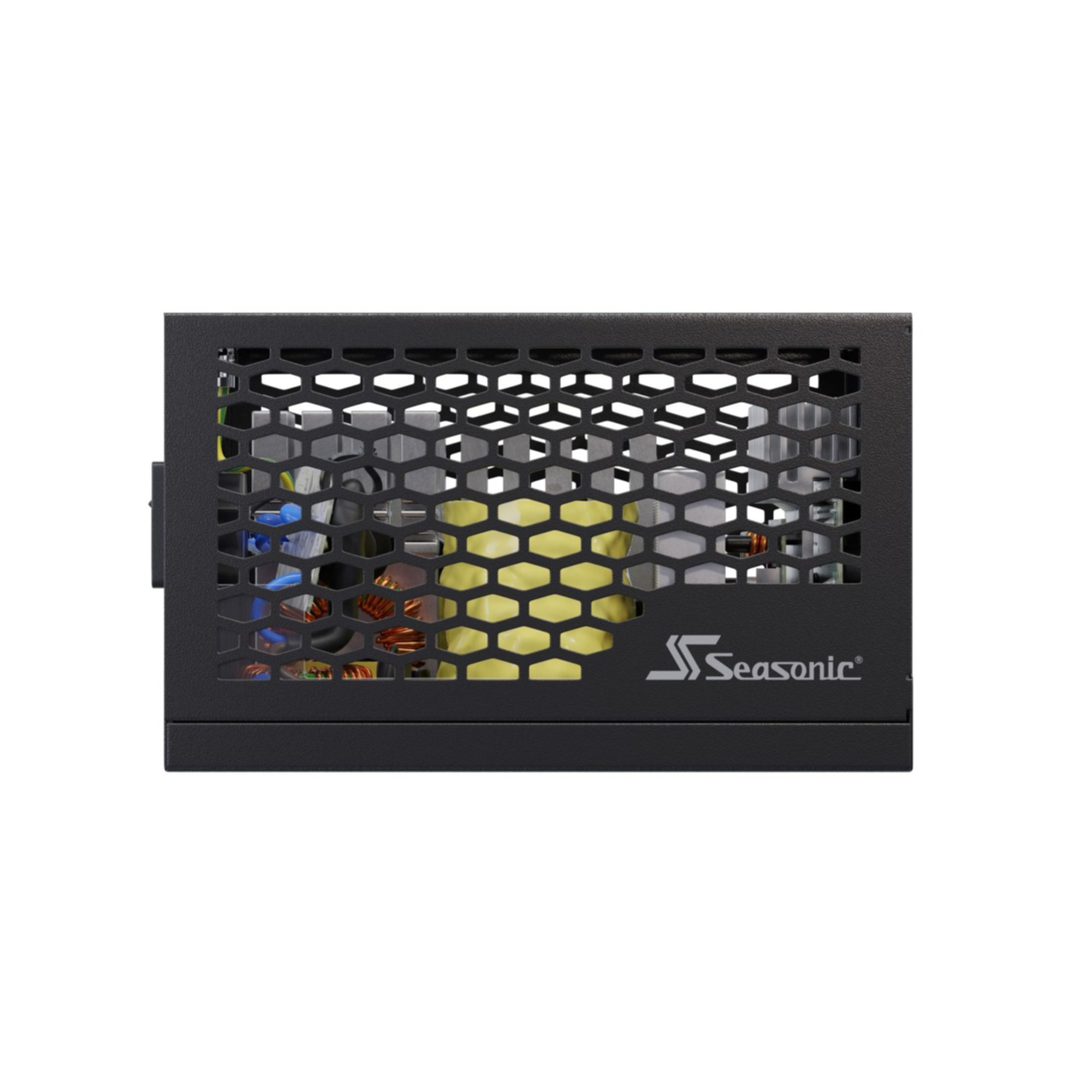 Zijaanzicht van een zwarte Seasonic voeding. De geperforeerde metalen behuizing en het Seasonic logo zijn duidelijk zichtbaar.