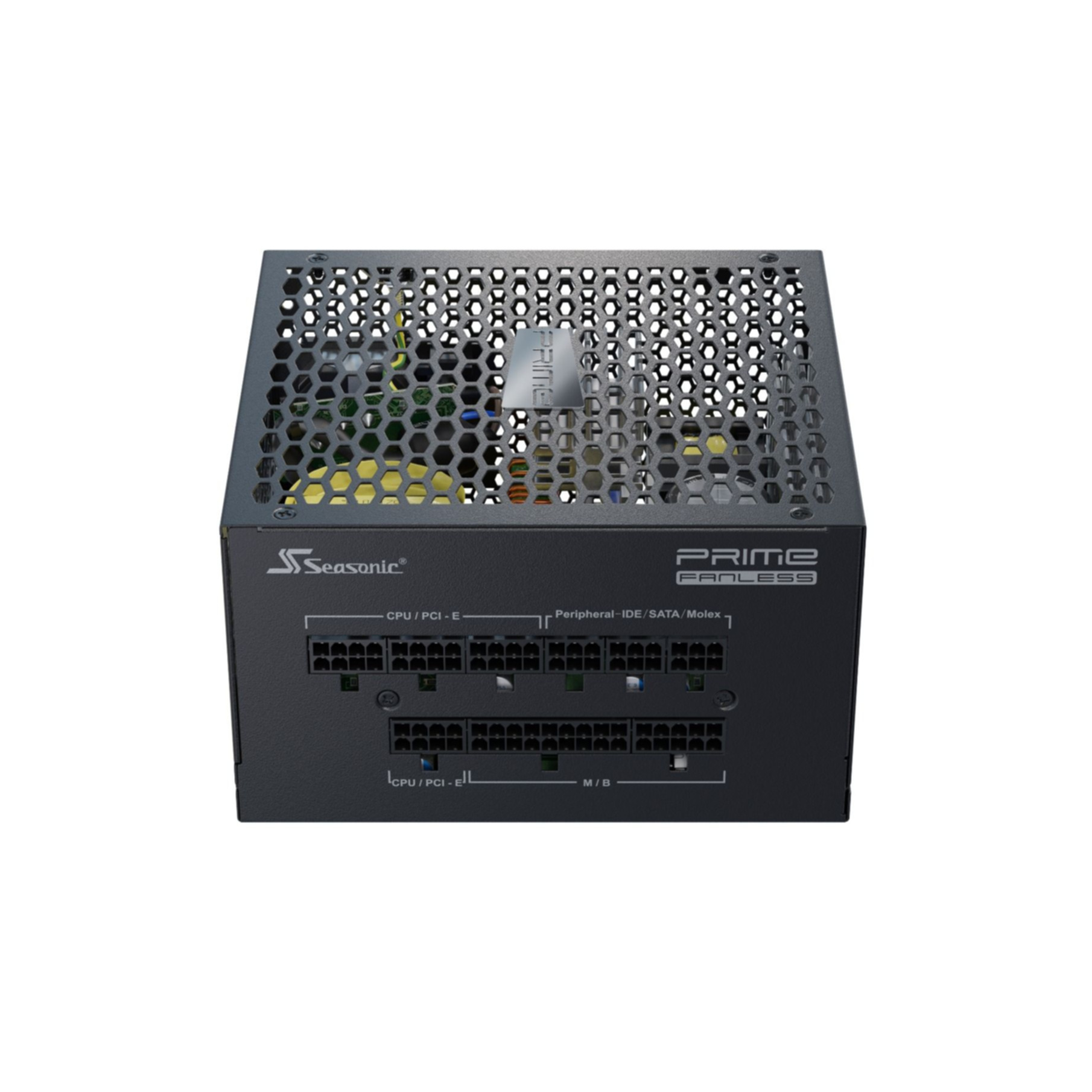 Een zwarte computer voedingseenheid met veel connectoren en een mesh top, tegen een witte achtergrond.