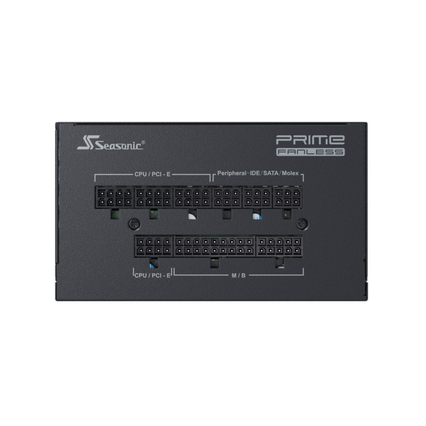 De achterkant van een zwarte computer voeding met aansluitpoorten en het Seasonic logo.
