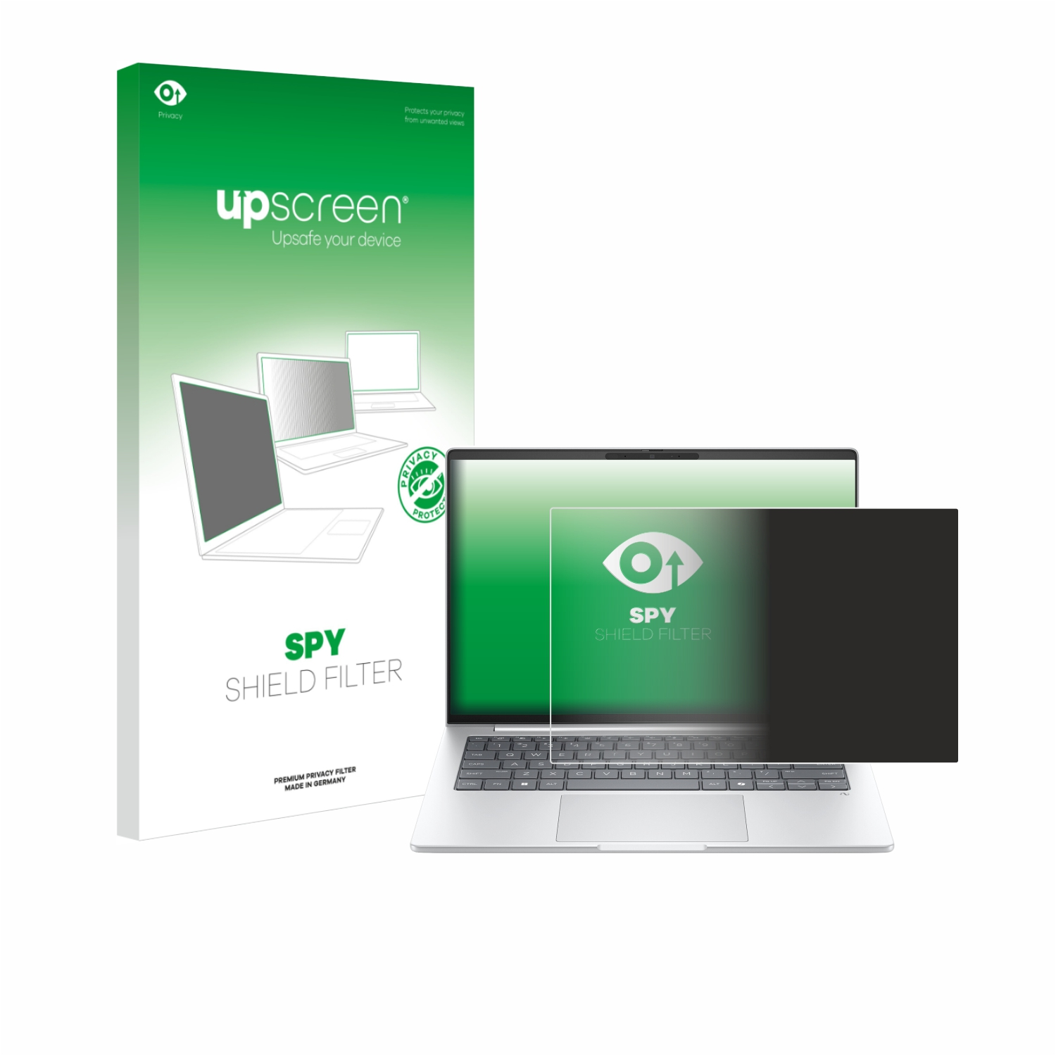 Laptop mit Displayschutz und Box. Der Displayschutz hat eine dunklere Tönung.