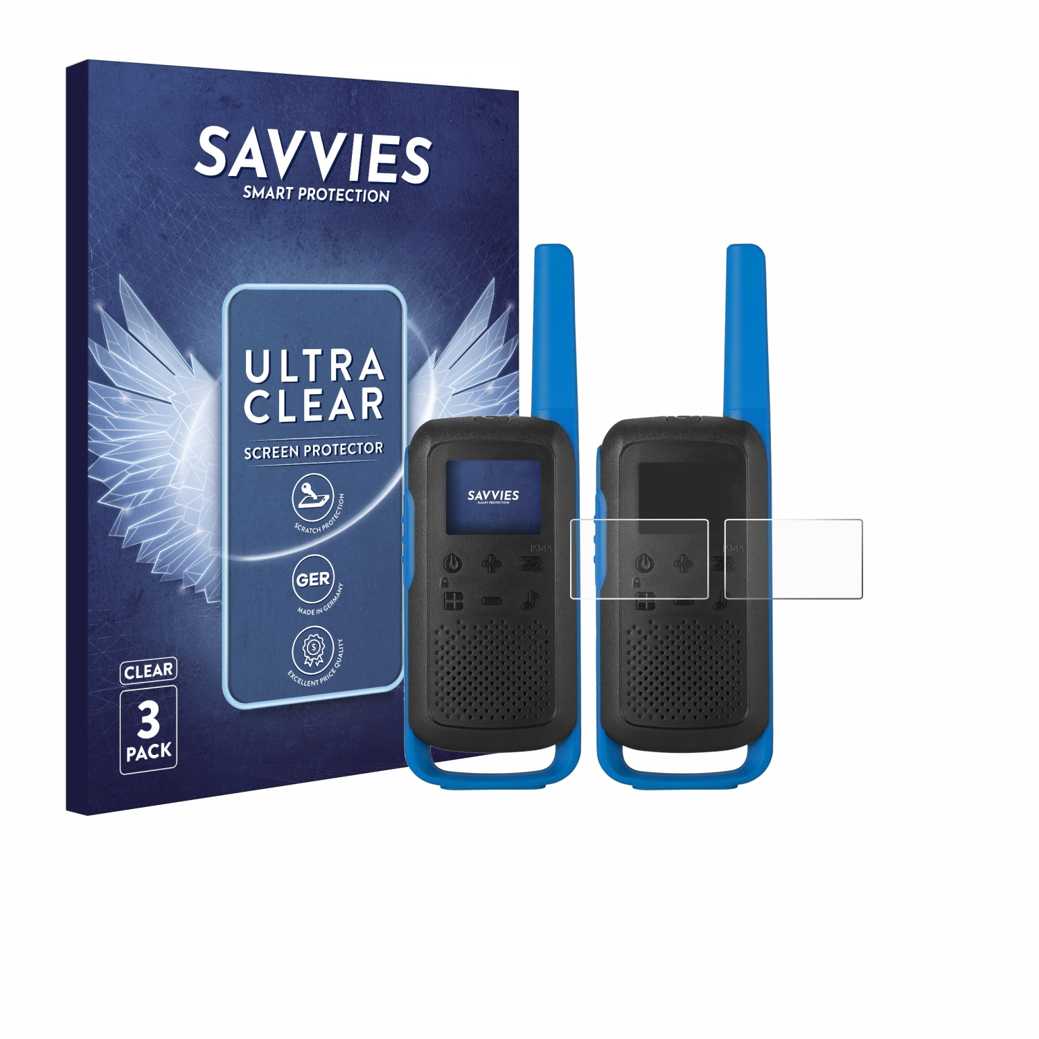 Schutzfolienbox, zwei Walkie-Talkies mit Schutzfolien auf dem Bildschirm.