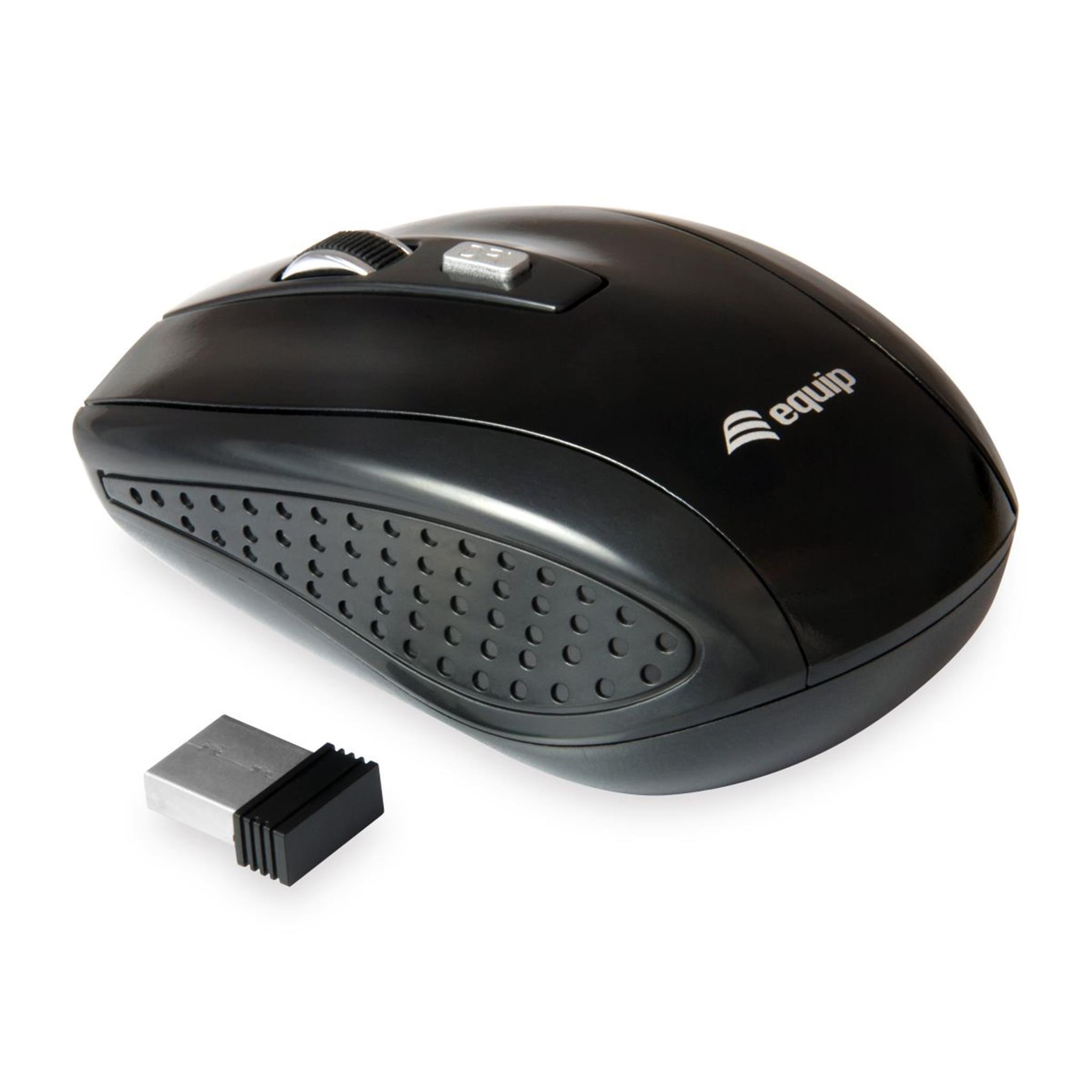 Schwarze Equip Funkmaus und USB-Empfänger.