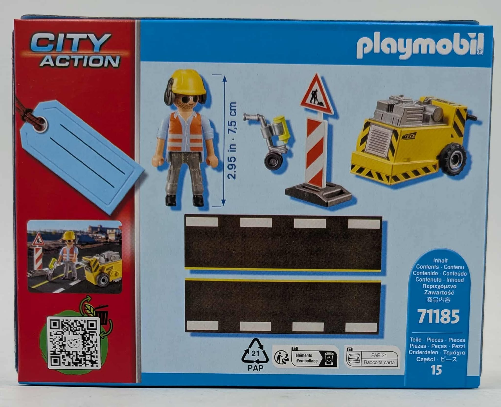Playmobil City Action Box zeigt einen Bauarbeiter, Straßenschilder und Straßenbaumaschinen.