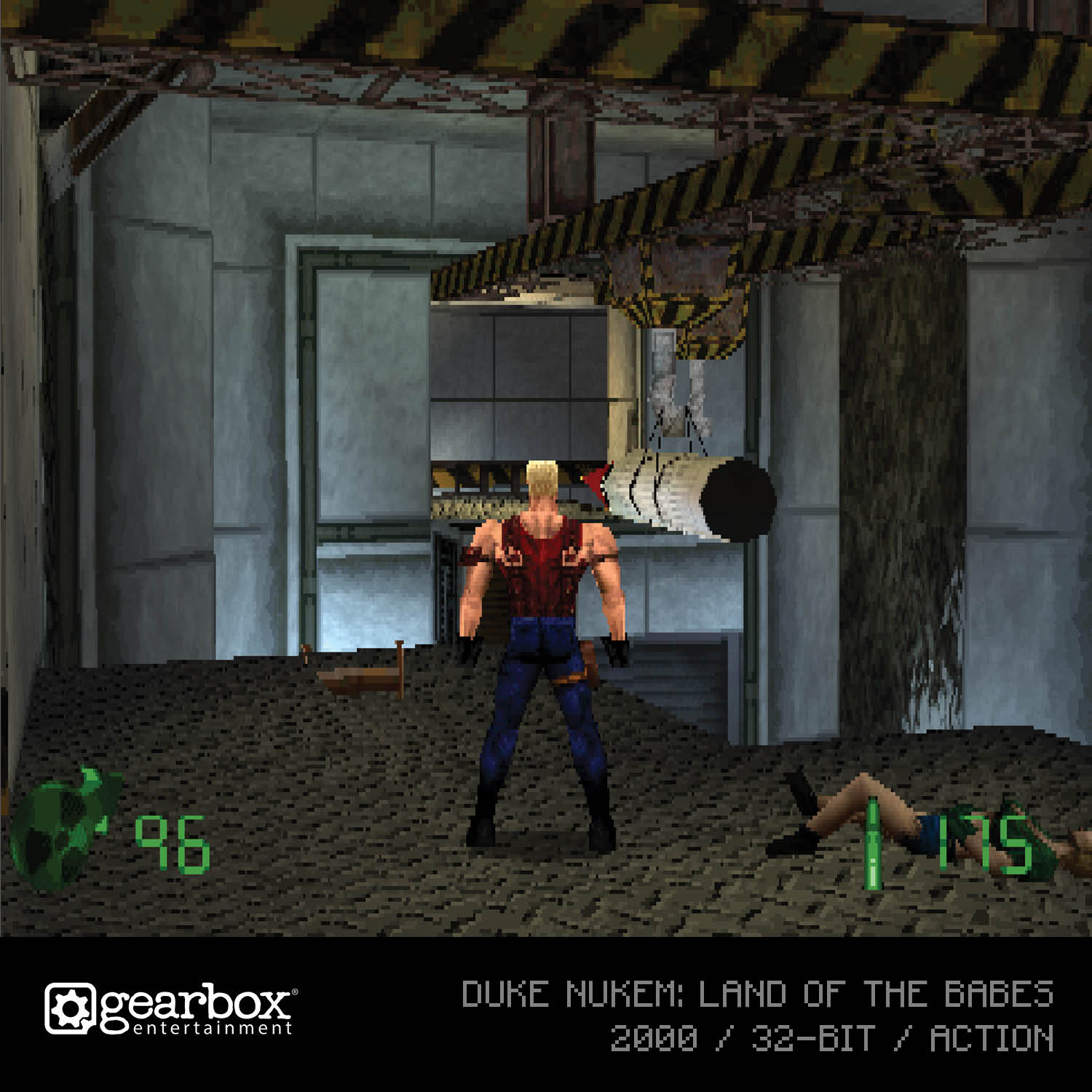 Duke Nukem w scenie z gry, w ciemnym pomieszczeniu. Kobieta leży na ziemi.