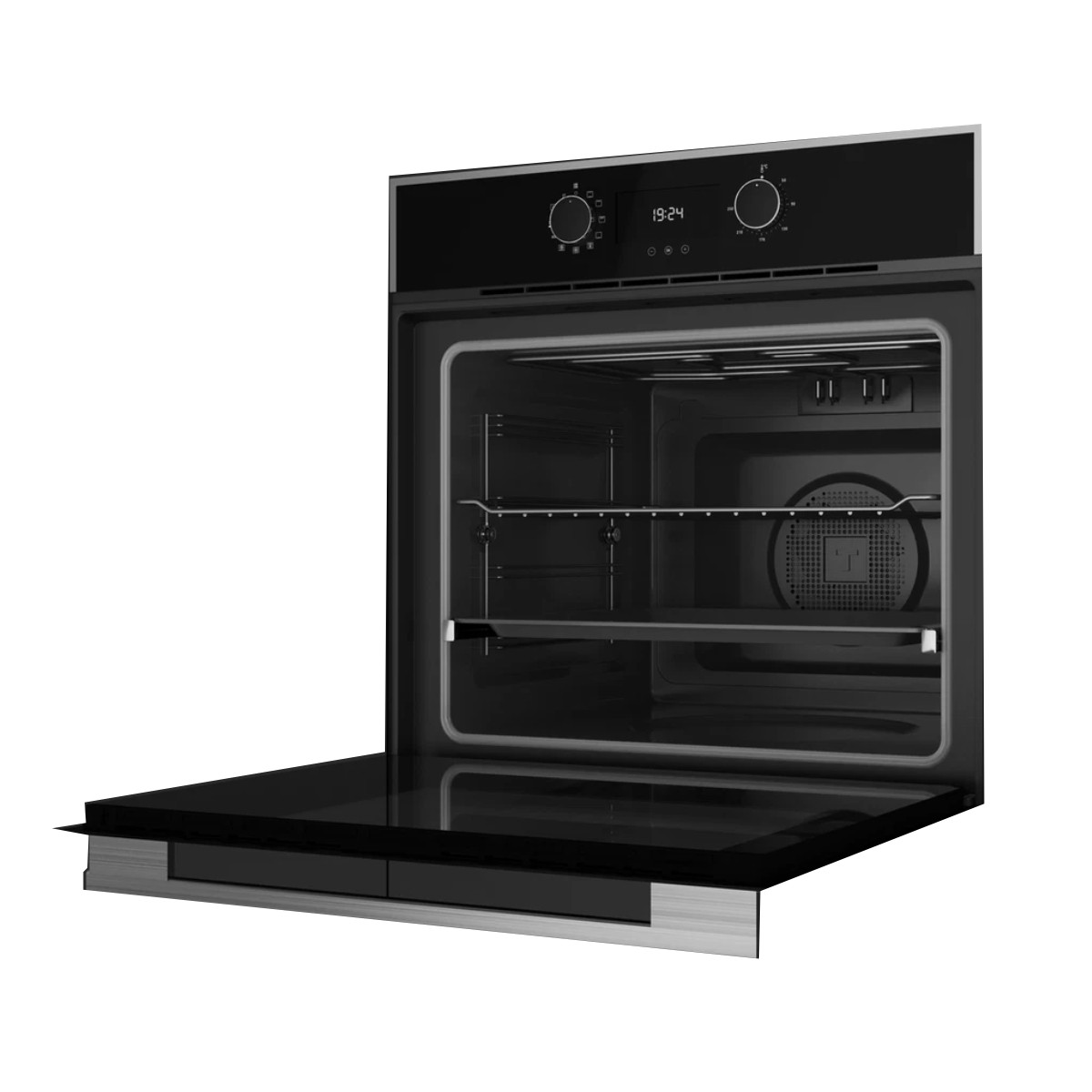 Un horno negro con la puerta ligeramente abierta. La hora mostrada es 19:24. Fondo blanco.