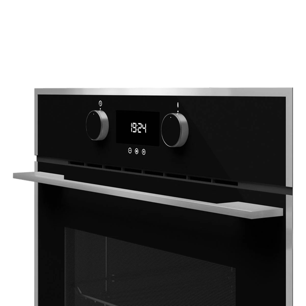 Un horno negro con un asa plateada y mandos con una pantalla digital.