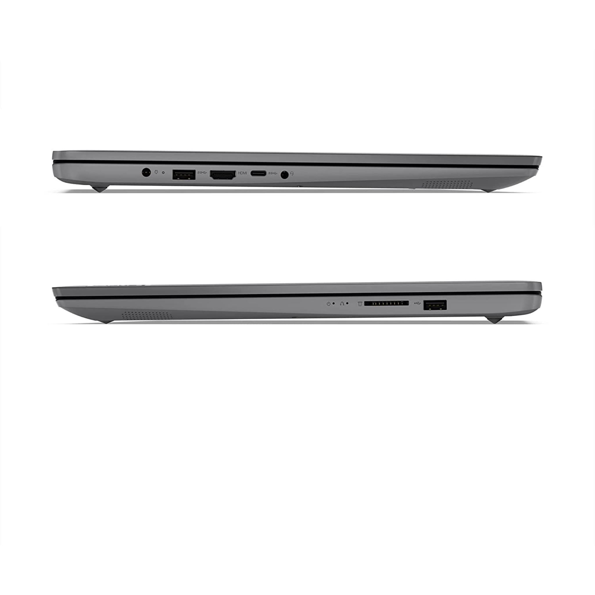 Zwei graue Laptops, einer über dem anderen, die ihre seitlichen Anschlüsse auf einem weißen Hintergrund zeigen. Zu den Anschlüssen gehören HDMI und USB.