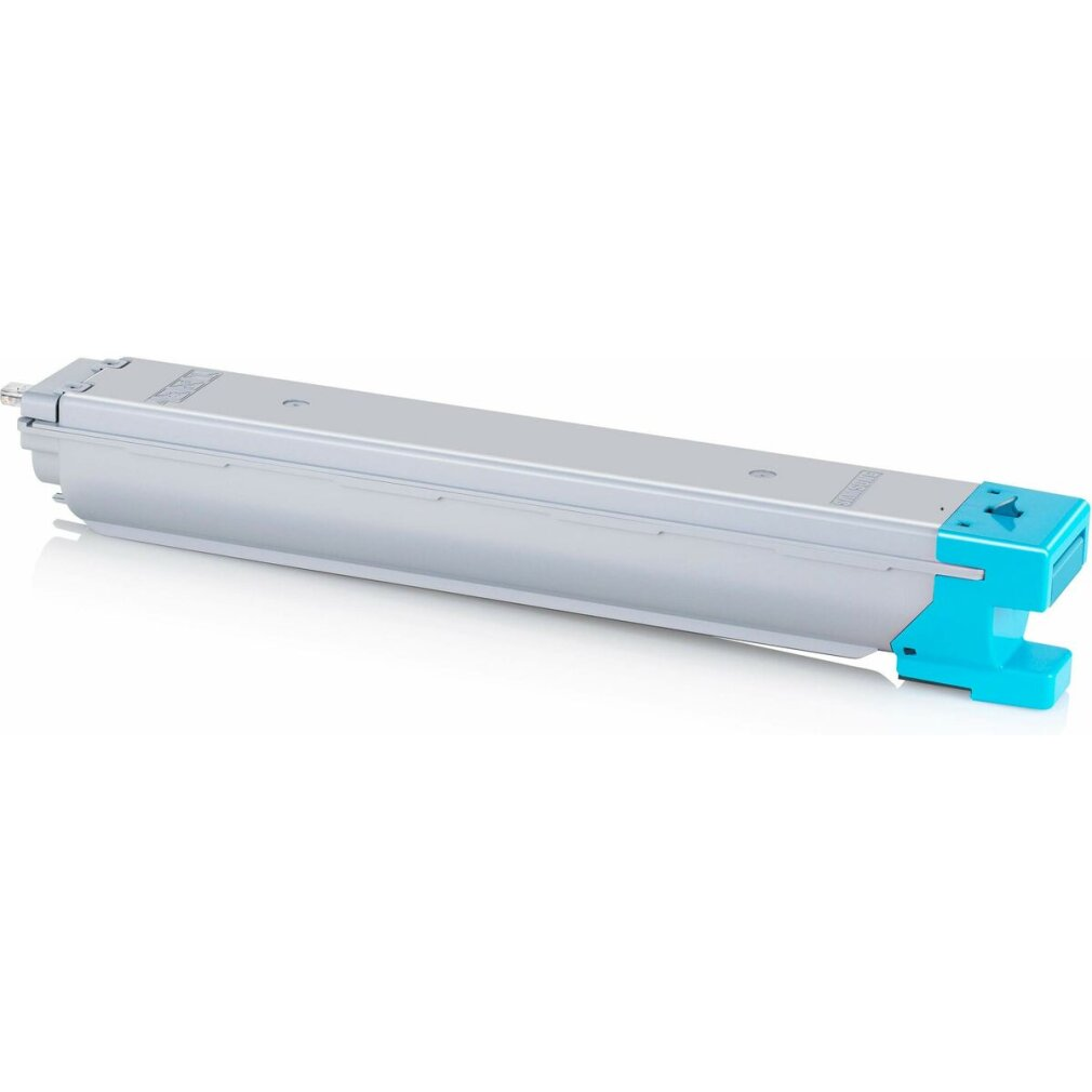 Cartuccia toner per stampante argento e blu. La cartuccia è rettangolare con un tappo blu su un lato.