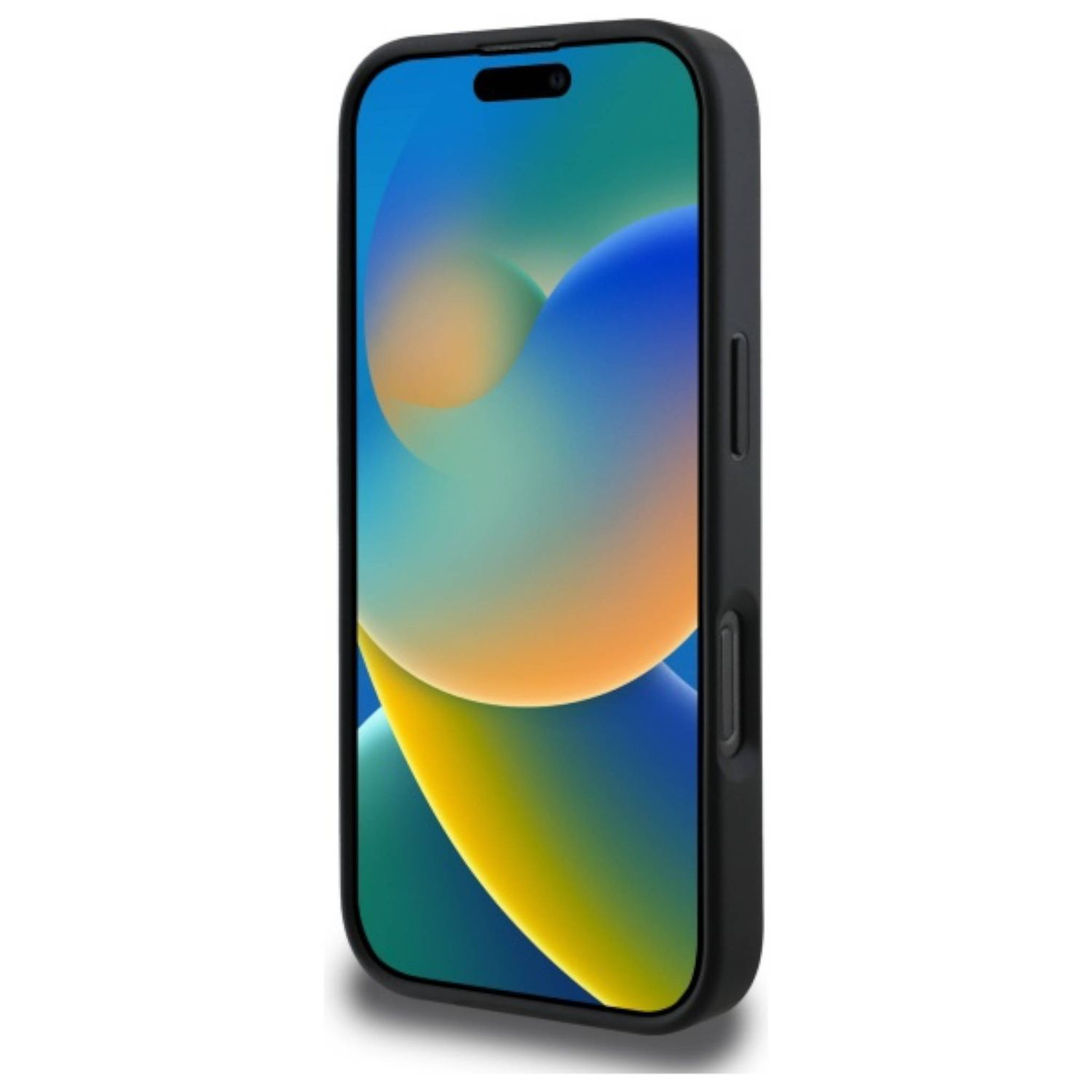Schwarzes Smartphone mit farbenfrohem Bildschirm. Das Telefon befindet sich in einer schwarzen Hülle. Der Bildschirm zeigt einen Farbverlauf aus Blau, Grün und Gelb.