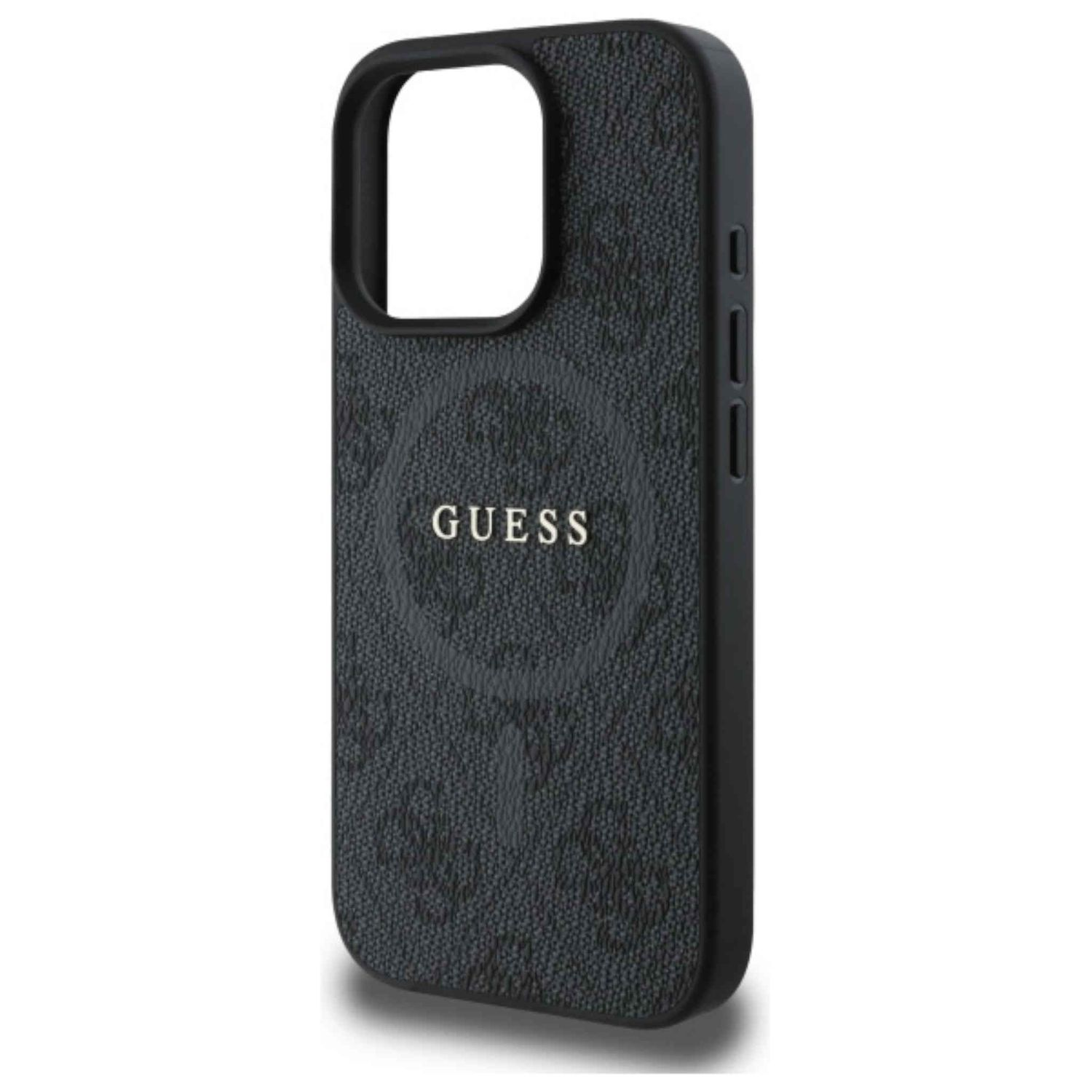 Schwarze Handyhülle mit GUESS-Logo in einem Kreis. Die Hülle hat ein strukturiertes Muster.