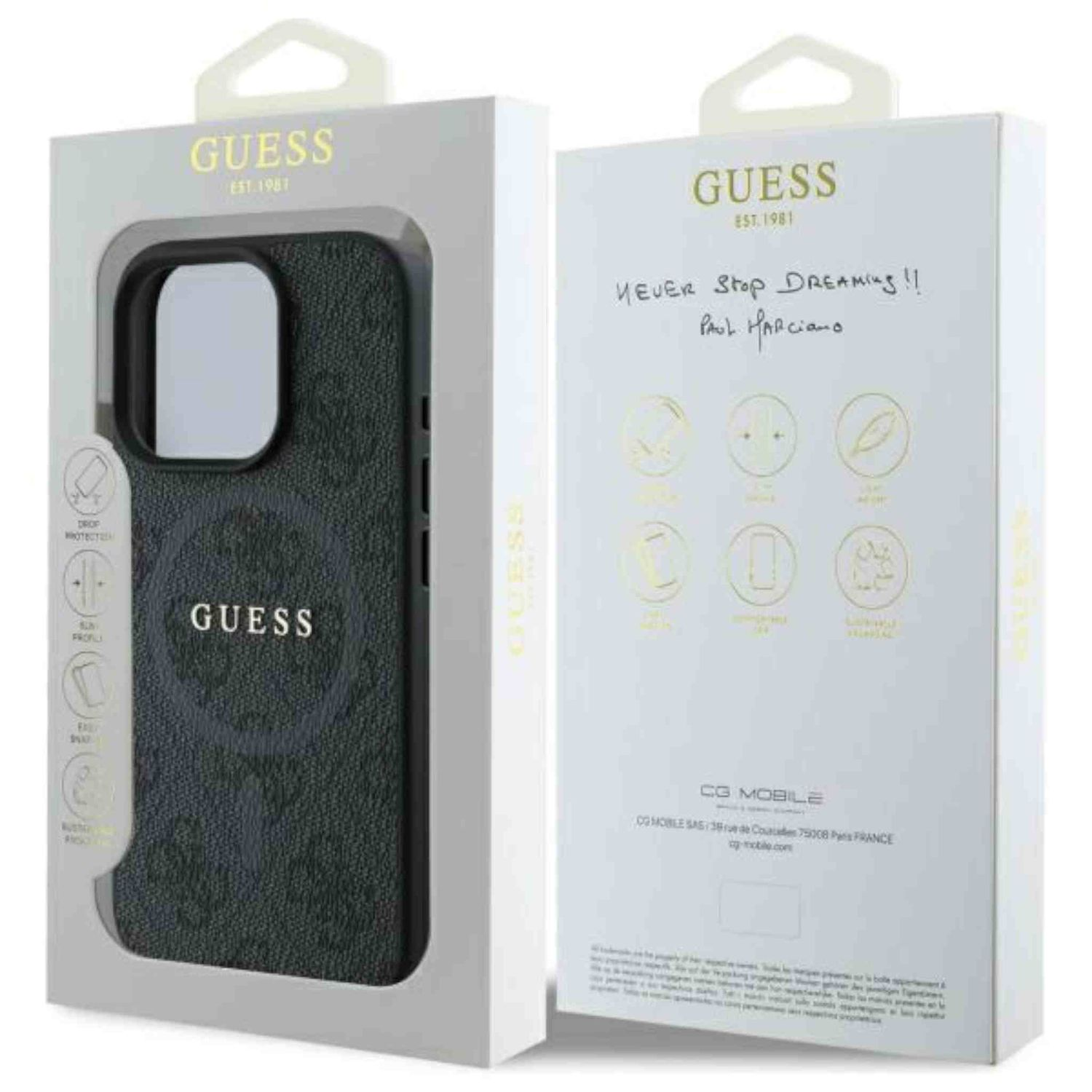 GUESS-Handyhülle in einer Box. Die Box hat das GUESS-Logo und eine Nachricht.