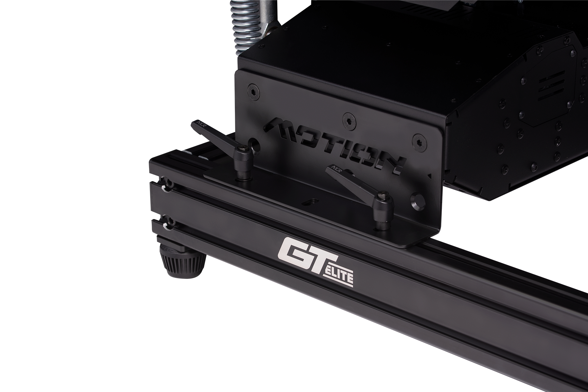 Schwarzes Metallgestell mit dem ausgeschnittenen Wort "MOTION". Enthält ein "GT ELITE" Logo und verstellbare Hebel.