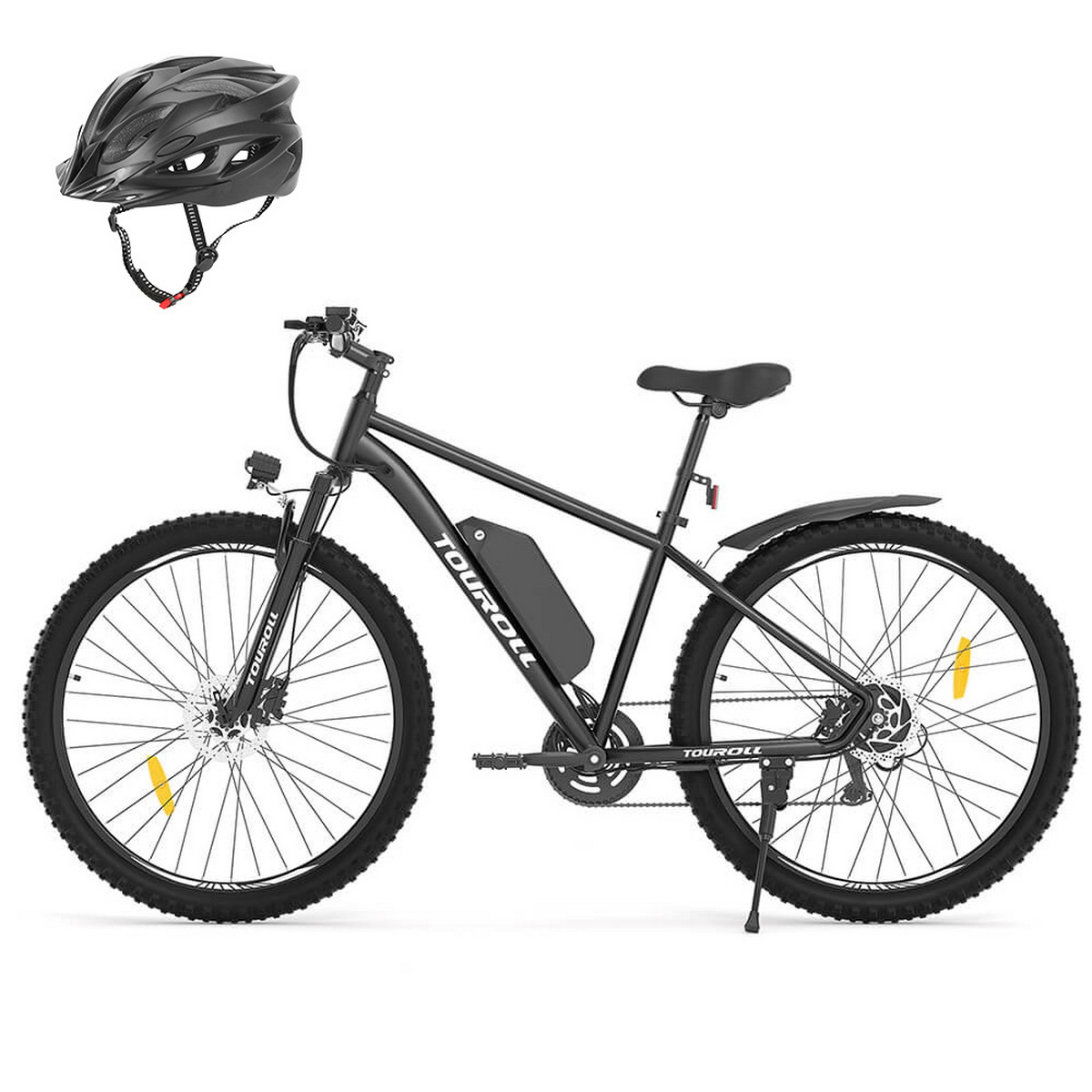 Czarny rower elektryczny z kaskiem. Ma czarne opony, baterię i markę 'TOURROLL'. Kask jest po lewej stronie.