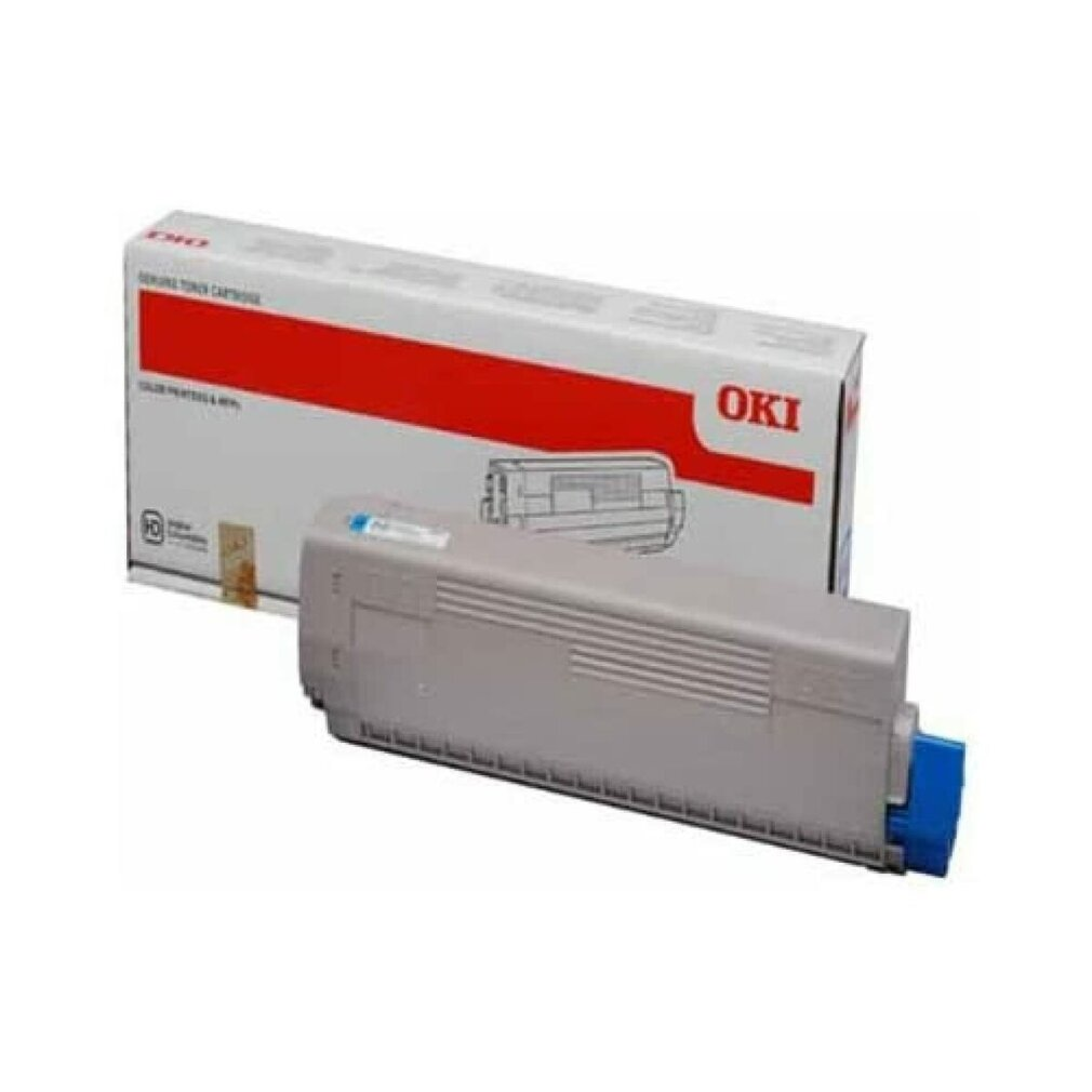 Een OKI tonercartridge met een grijze behuizing en blauw uiteinde, naast de doos met rode accenten.